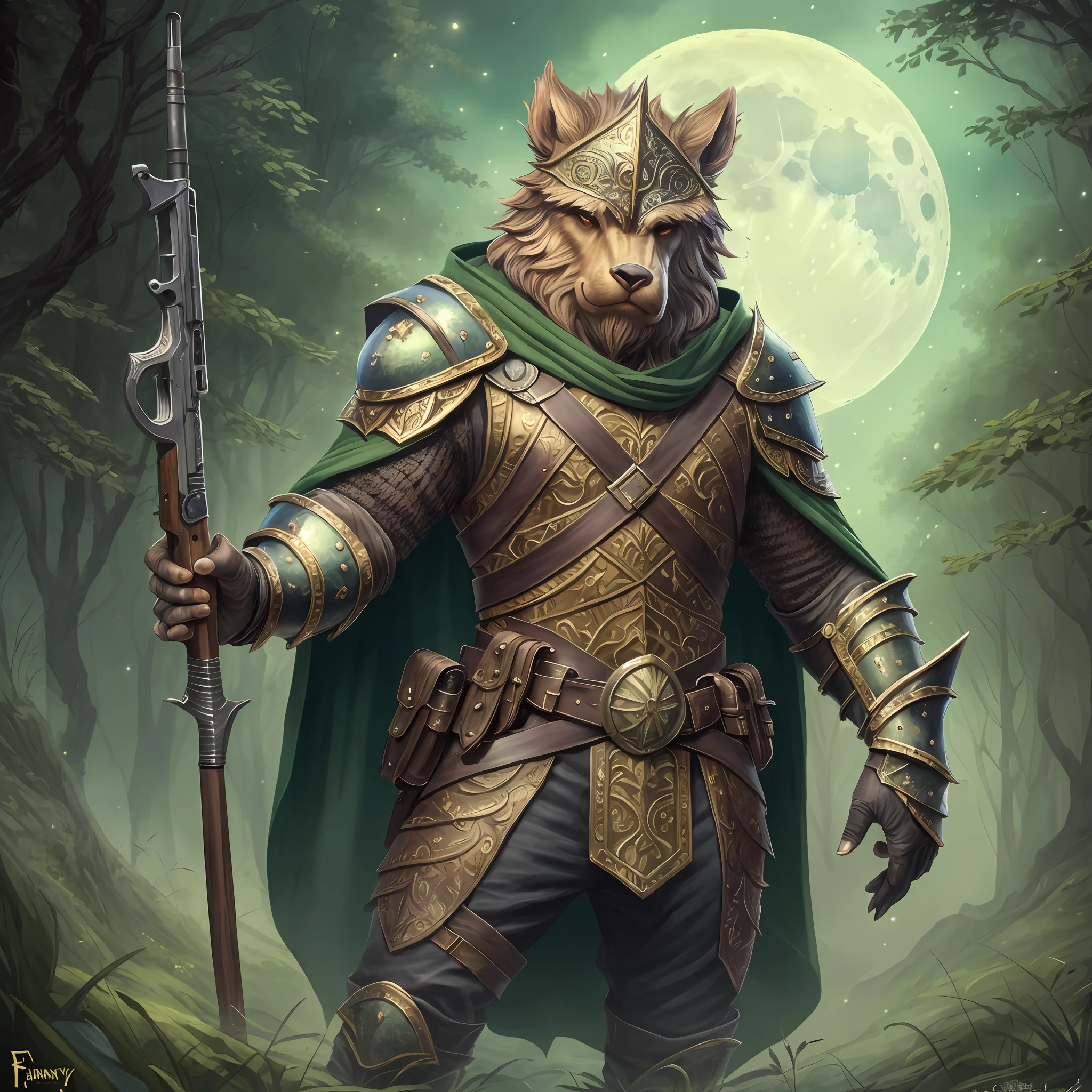 fantasy art, dnd art, (masterpiece:1.5), full body intricate details, highly detailed, best quality, highres, portrait of a male, bugbear(1.6, fantasy art, Masterpiece, best quality) bugbear, (fantasy art, Masterpiece 1.6, best quality), human like features, ranger, with a short brown hair, green eyes, (fantasy art, Masterpiece, best quality)armed a gun, wearing a green cloak, wearing studded leather armor (fantasy art, Masterpiece, best quality), in fantasy setting forest at night, moon, clouds, soft light, high details, best quality, highres, 1080P, 8k, anatomically correct, photorealistic