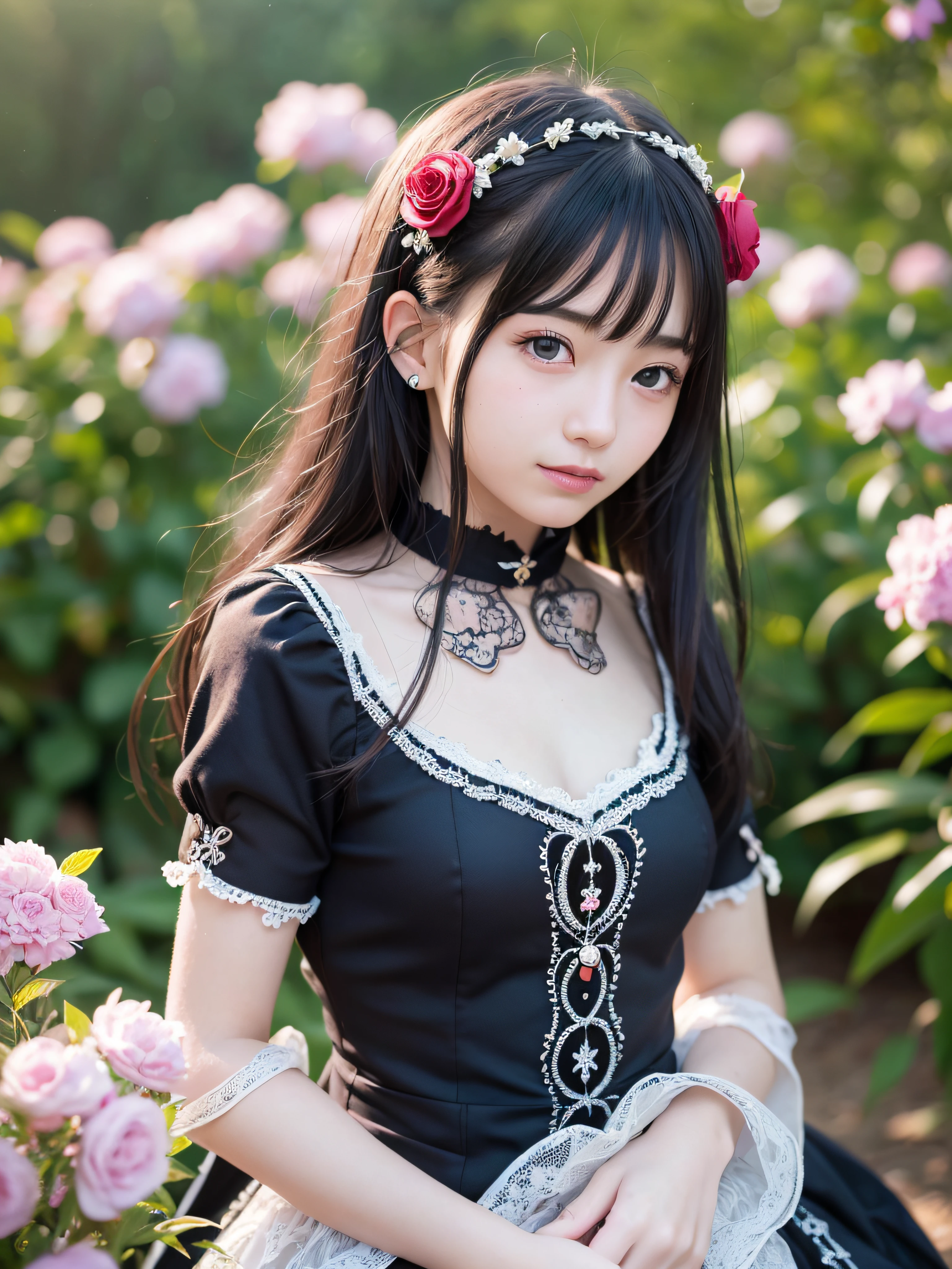 (realistic, photo realistic:1.37), incredibly absurdres, (insanely detailed:1.3), 8k, (masterpiece), (best quality:1.4), (ultra high res:1.2), (raw photo:1.2), (unity 8k wallpaper), 1 nogizaka girl, utterly cute, (bishojo:1.35), (:1.4), ((alice and the pirates fashion)), delicate detailed beautiful dress, hair accessory with blue rose, an exquisitely detailed and beautiful face and eyes and skin, detailed black shine hair, smile at the camera, cowboy shot, gardens of petit trianon, farmhouse, ultra detailed background, professional lighting