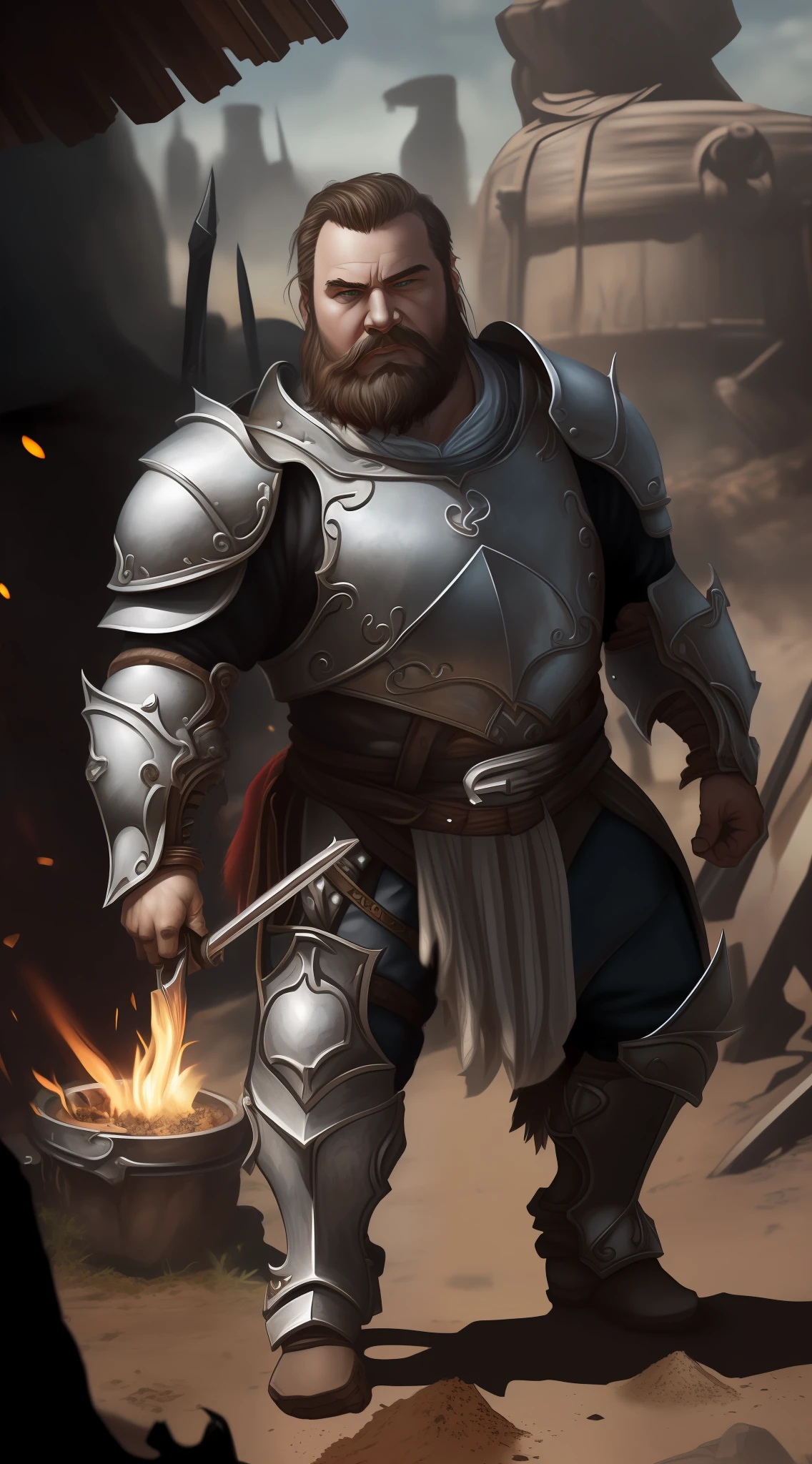 A dwarf, ((((soil))), (white skin, beard full with adornments, short black hair, large and strong nose, eyebrows together and thick), (wears a powerful armor all over his body of steel), is in his forge