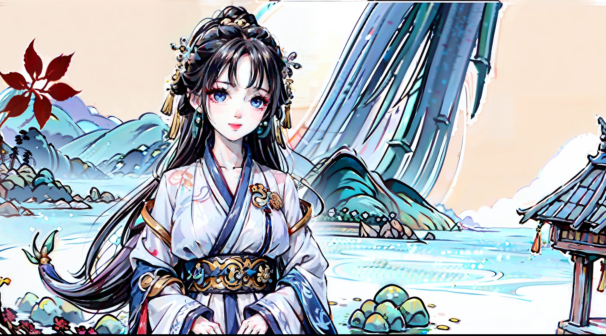 (masterpiece), best quality, good anatomy, shuimobysim, (1 girl: 1), (upper body), (smile), short hair, (hanfu), (ecchi0.5), (trees: 0.5), (flowers: 0.6), (wooden house: 0.2), (bamboo forest: 0.2), (stream: 0.2), (river: 0.2), dragon, dragon tail, dragon horn, Blue eyes, gemstone eyes, earrings,