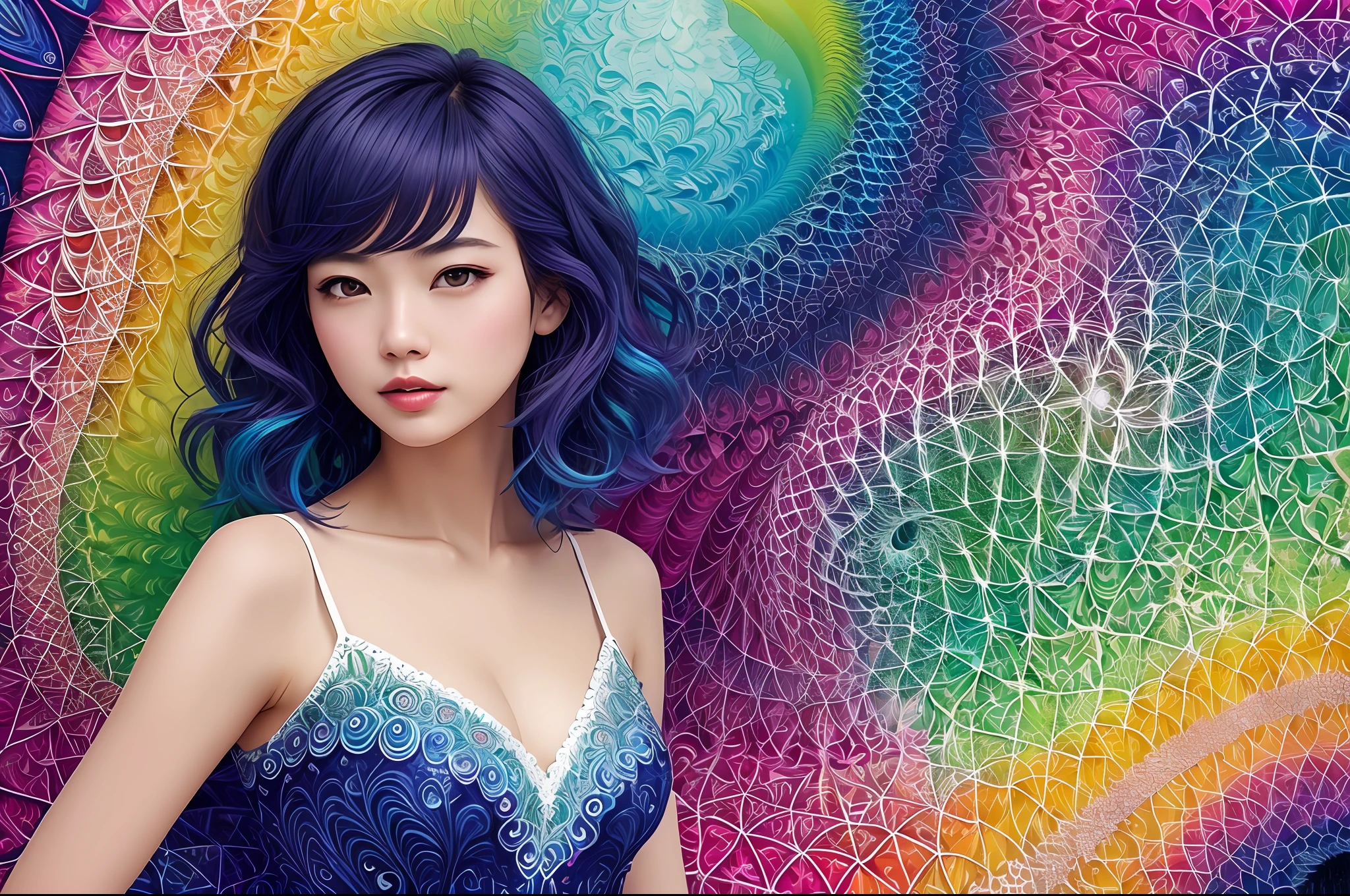 (​masterpiece、top-quality、top-quality、Official art、Beautifully Aesthetic:1.2)、(1girl in:1.3)、ighly detailed、(Fractal Art:1.2)、colourfull、highestdetailed、(Zentangle:1.2)、(Dynamic Pause) 、（Abstract background：1.5）、（Nice dress：1.2）、（shinny skin）、（Many colors：1.4）、full bodyesbian 、((shorth hair))