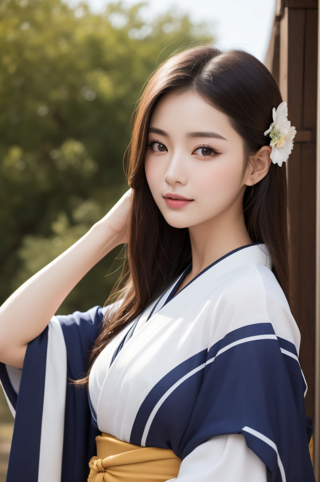 ((top-quality、8K、a masterpiece of:1.3))、foco nítido:1.2、(ultra beautiful faces:1.0)、(Slender Abs Beauty:1.0)、(shinny skin:1.0)、photos realistic、A dark-haired、Video Lighting、High-definition eyes and face、Video Lighting、(cowboy shot:1.3)、(Kimono、Hakama、Obi:1.4)、(Korean Cute Actress)、Traditional kimono、from the front side、medium large breasts、A slight smile