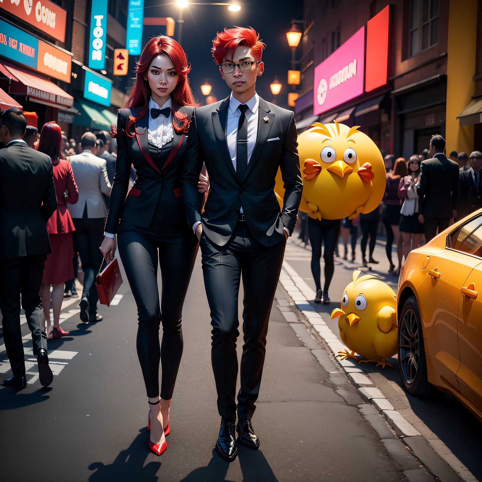 1 girl, pink hair, hair bangs, holding a leash, walking a yellow duckling wearing a suit and top hat, view from right side, city background, evening, outdoor lamp on the left, looking left, crossing street