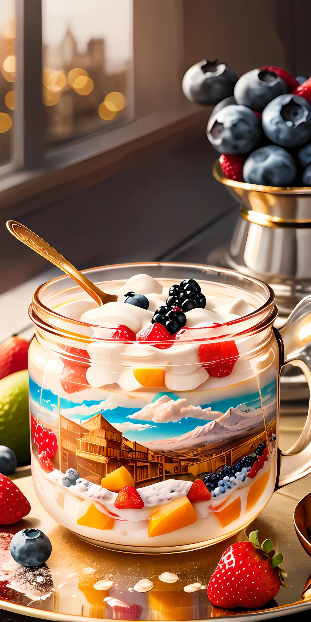 Healthy breakfast. Muesli and berry yogurt, CocktailWorld, scenery, landscape, Street, Depth of field , ((blurred background)), Masterpiece, Best Quality, ultra detail, (((Multi-layered jelly))) glass, stained glass windows, Multi-colored highlights, tmasterpiece, Top Quality, Experience, Chic, Boho-chic, a gold, utensil, kettle, a cup, plate, crystals, with floral print,1 glass of milk (can be cow's milk, vegetable milk or yogurt) 1 teaspoon vanilla extract of your choice (optional) Chopped fresh fruits (For example, strawberries, kiwi, mango, blackberry, raspberry, cherry, carambola, blueberries, etc.) Marengo,
