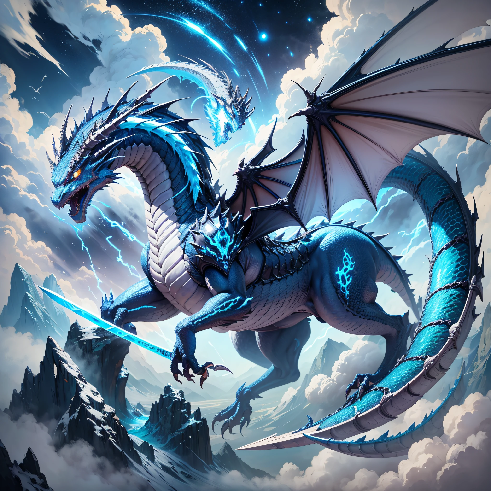 In the dark night sky, a blue dragon spreads its wings, shimmering with smooth scales --auto
