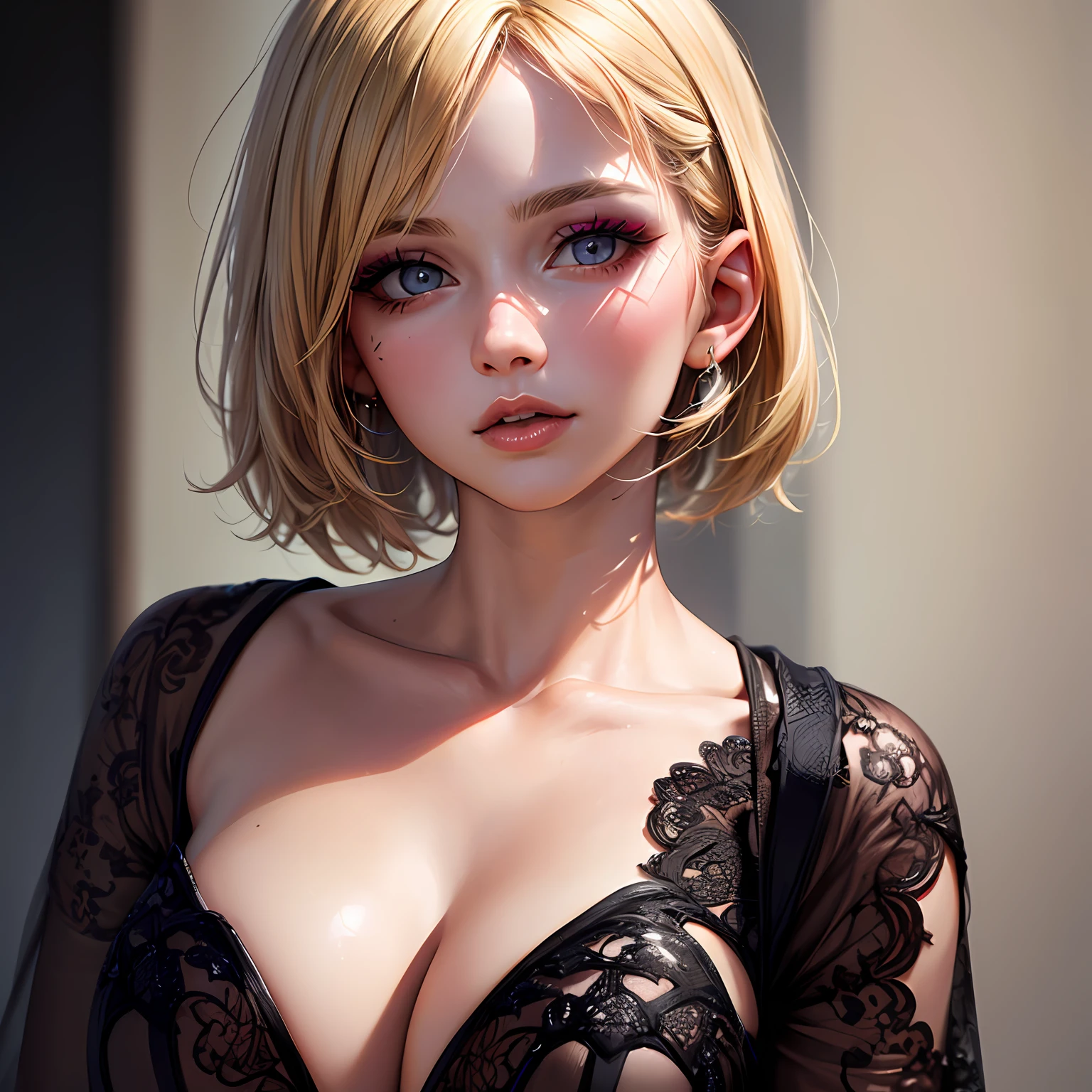 ((best quality)), ((ultra res)), ((photorealistic), (intricate details), 19 years old, blonde, perfect face shape, makeup:1.5, face light, facial detail, naked, short hair,