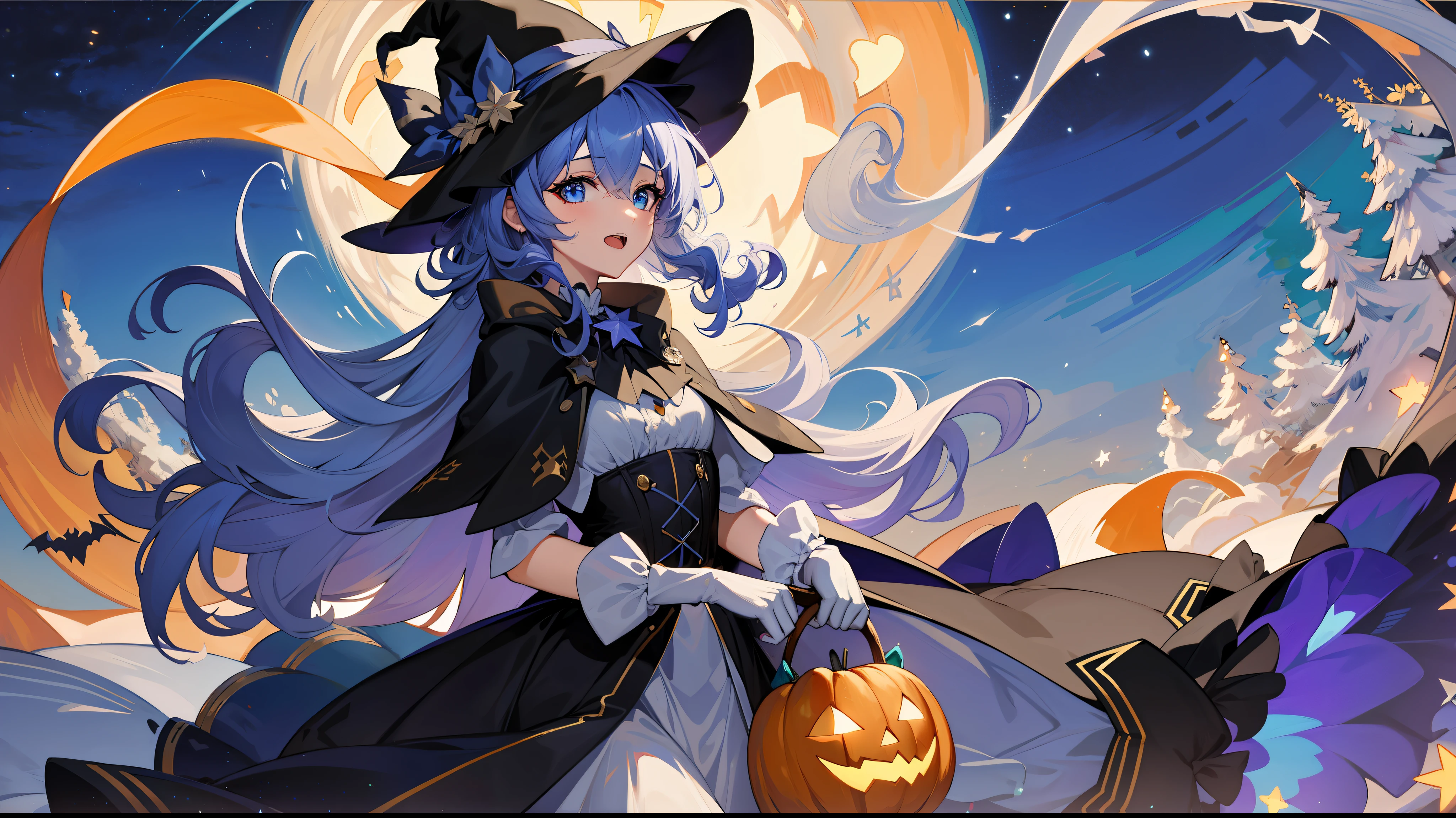 1girl, bare shoulders, bare tree, basketball, bat, blue eyes, blue hair, bow, branch, candy, candy cane, cross, dress, earrings, full moon, ghost, ghost costume, cemetery, hair decoration, hair clip, halloween, hallowin_bucket, hallowin_suit, happy halloween, hat, holding a table, jack-lantern, jewelry, lamppost, long sleeves, looking at the lens, manzhuu_(azur_line), moon, night, nightskay, shoulder-less, orange ribbon, orange dress, orange ribbon, outdoors, hairpins, pumpkin, pumpkin hair embellishment, pumpkin hat, rem_(re:zero), ribbon, short hair, silk, sky, snow, solo, cobweb, star(sky), starry sky, tombstone, tree, trick or cure, winter, witch hat, x_hair_ornament