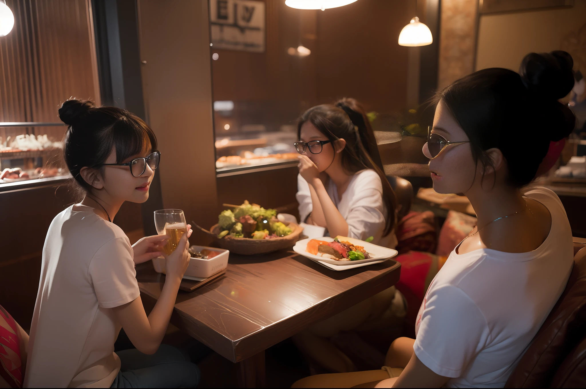 dinner at restaurant, 5 person sitting around the table, one girl:with a cute looped Half-Bun designing, one girl: smiling watching TV show, one girl: with eye glasses thinking ideas, one girl: in long hair making handicraft, one boy: in brown T-shirt design architecture., cinematic lighting, UHD, masterpiece, anatomically correct, textured skin, super detail, high details, high quality, 4K