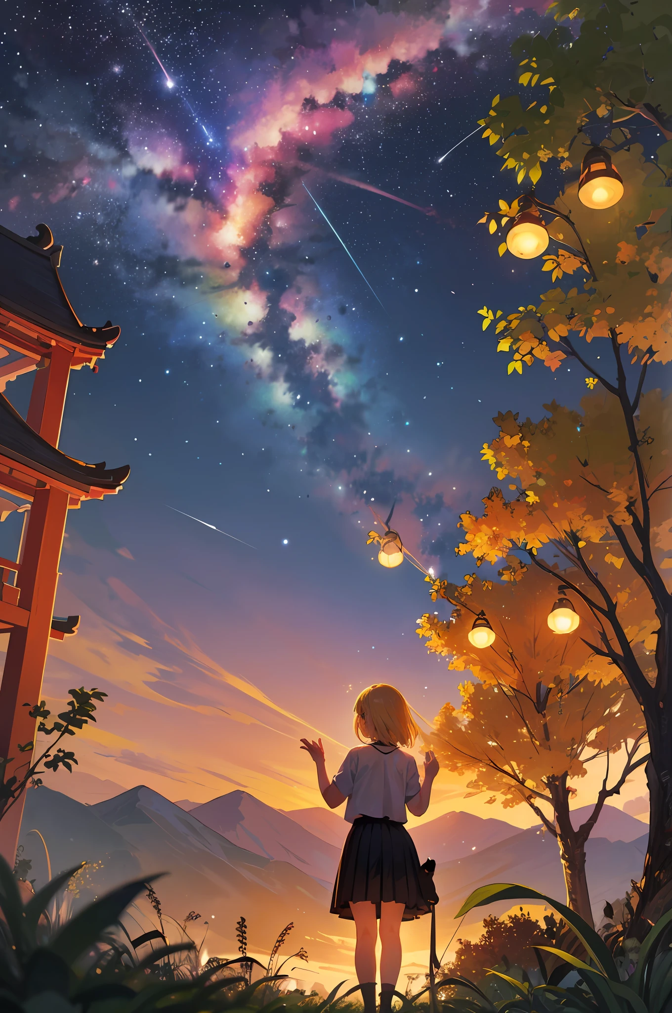 deep in the night，Girl in skirt under a towering tree，At this time, A meteor flew by，fireflies flying，Girl with blonde hair，Clap your hands together，Look up at the stars，Pray to the stars，He has a Chinese dog by his side --auto