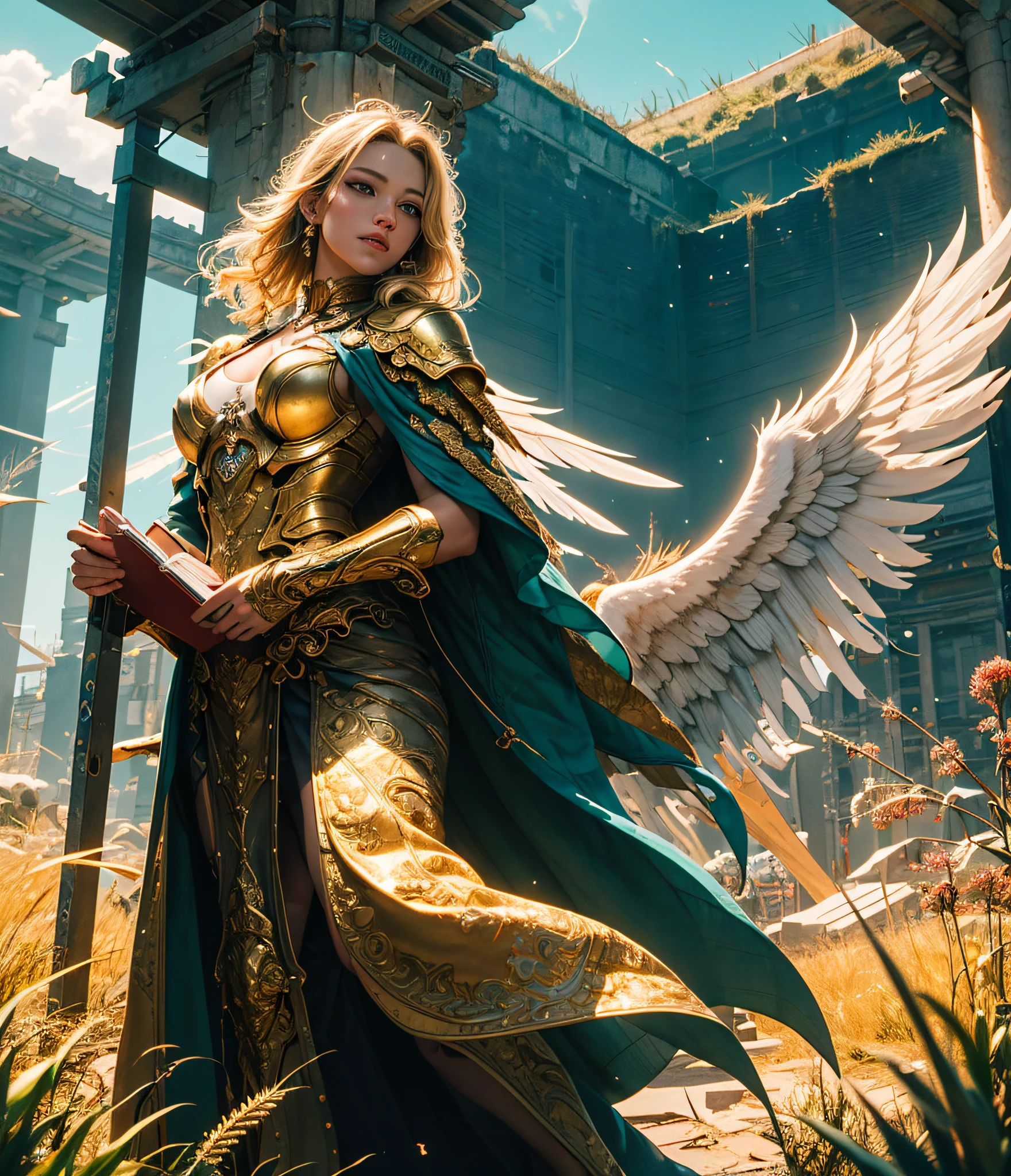 ((masterpiece, bestquality;1.3)), ultra-detail, Unity 8k Wallpapers, CG, illustration, colorfully, Movie Shadow, Very detailed and beautiful background.,VHD, VRay Shading,RTX,(Realistic:1.5),1girls, bara, Blonde Hair, Halo Angel, Radiant white skin, Beautiful faces with high detail, Exquisite Face, angel, angel dress gold details, glowing, Fluorescent Light, A fairy woman holding a large book., Look at the sky., angel wings, body hair, grass, Large doors with gold bars, ultra-detail, very realistic