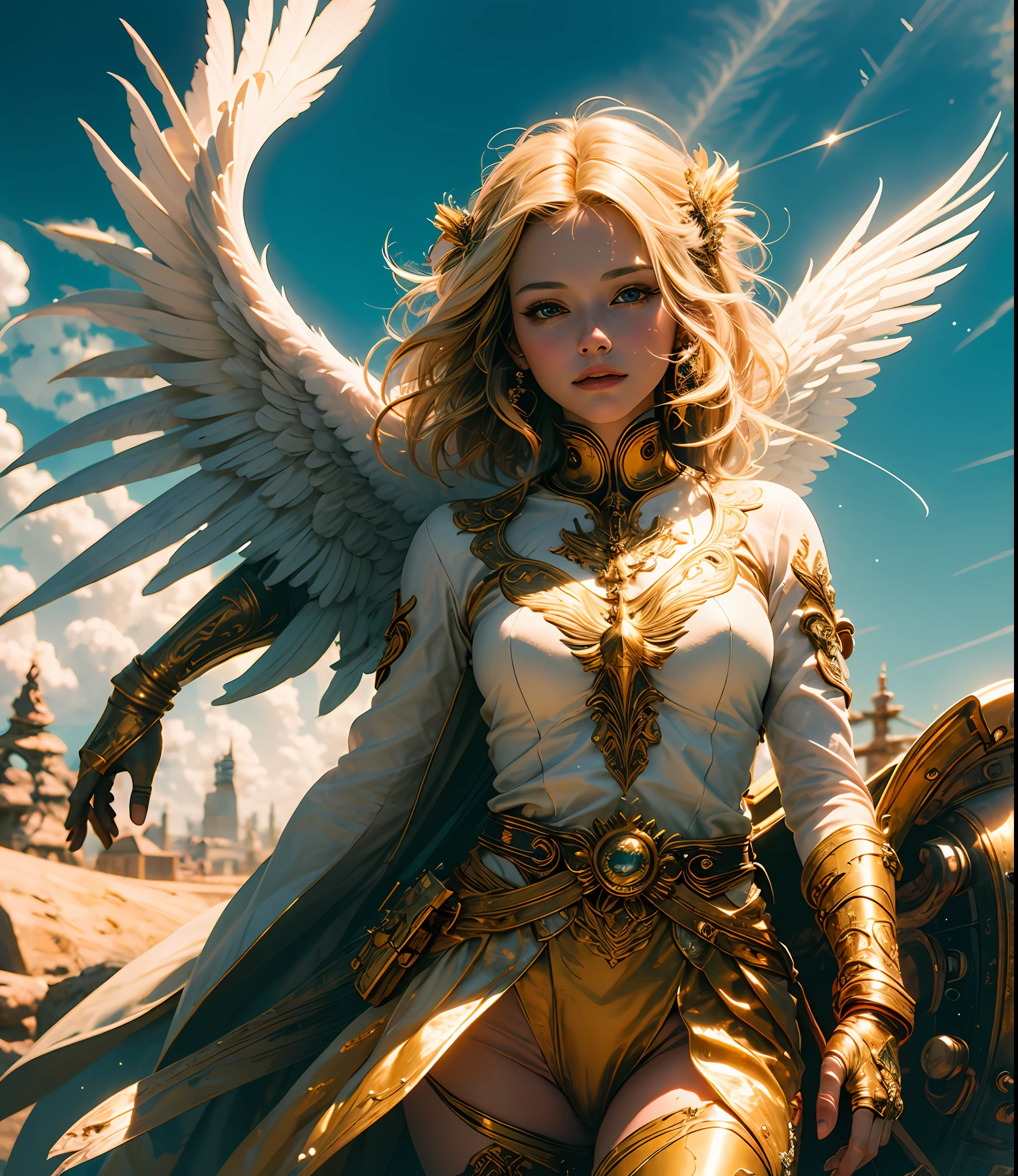 ((masterpiece, bestquality;1.3)), ultra-detail, Unity 8k Wallpapers, CG, illustration, colorfully, Movie Shadow, Very detailed and beautiful background.,VHD, VRay Shading,RTX,(Realistic:1.5),1girls, bara, Blonde Hair, Halo Angel, Radiant white skin, Beautiful faces with high detail, Exquisite Face, angel, angel dress gold details, glowing, Fluorescent Light, A fairy woman holding a large book., Look at the sky., angel wings, body hair, grass, Large doors with gold bars, ultra-detail, very realistic