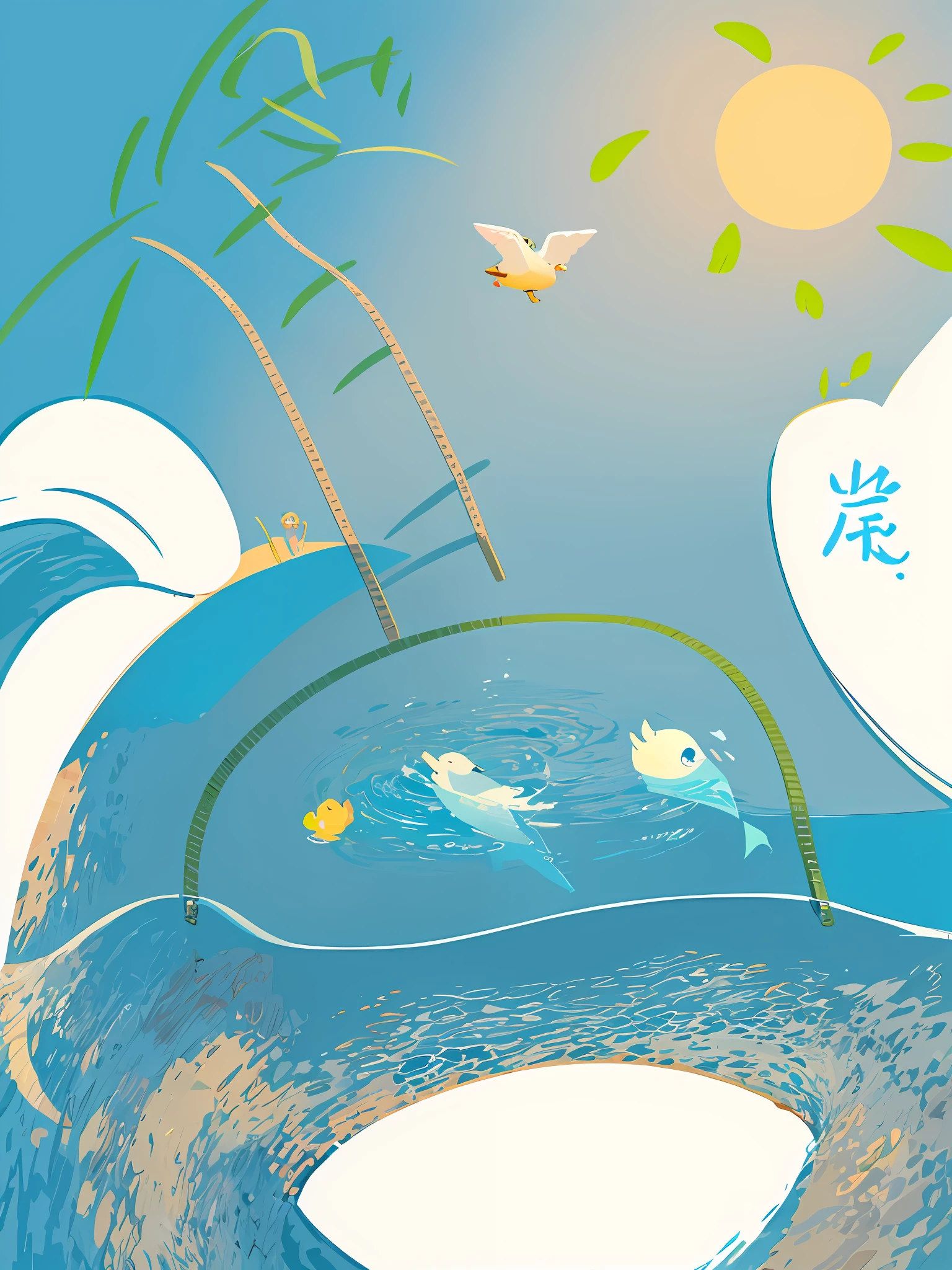 Cartoon drawing of a boat with a ladder in the water, Chiba Yuda, Sunbathing. illustration, Sunny day, komono, on a bright day, 🪔 🎨;🌞🌄, sketch of an ocean in ms paint, cartoonish and simplistic
