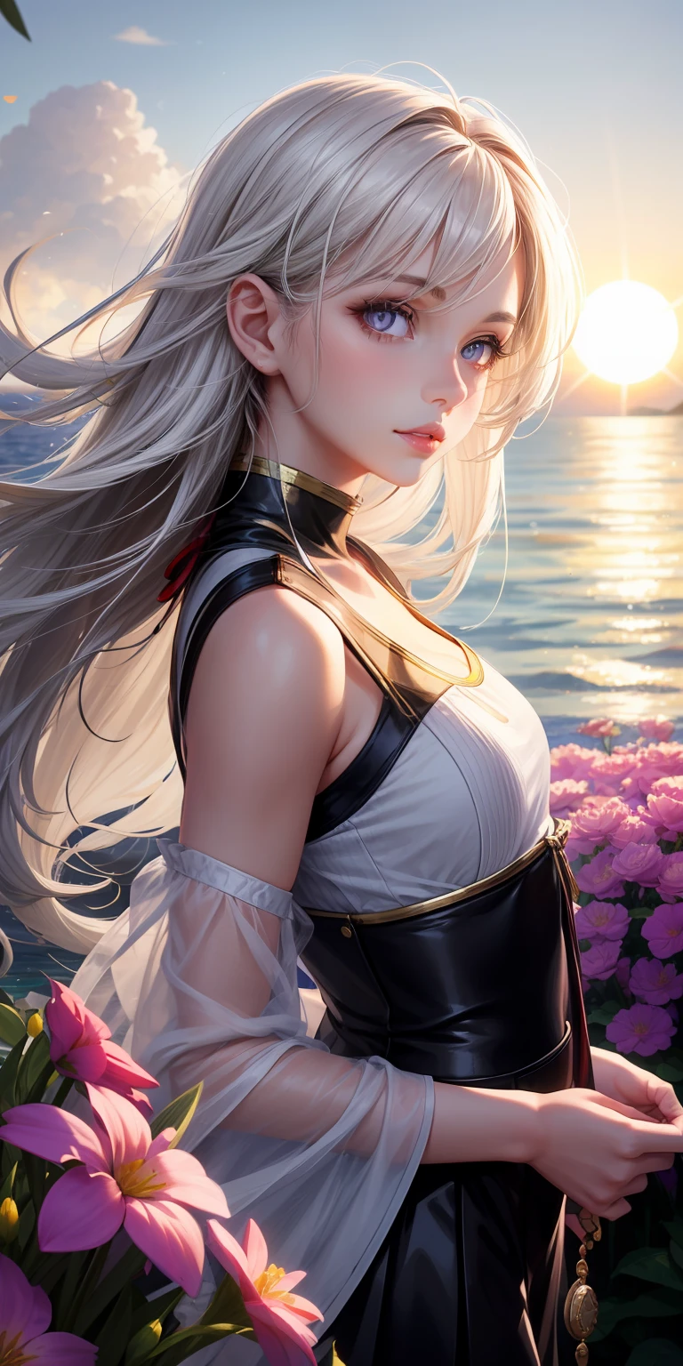 Highly realistic，(1girll)，White-haired purple pupils，Shiny target，Cut the top，The skirt is flowing，The lips are slightly open，cheeks slightly red，Dreamy nights，A sea of colorful flowers blooms，The sun shines golden，Warm sunshine。