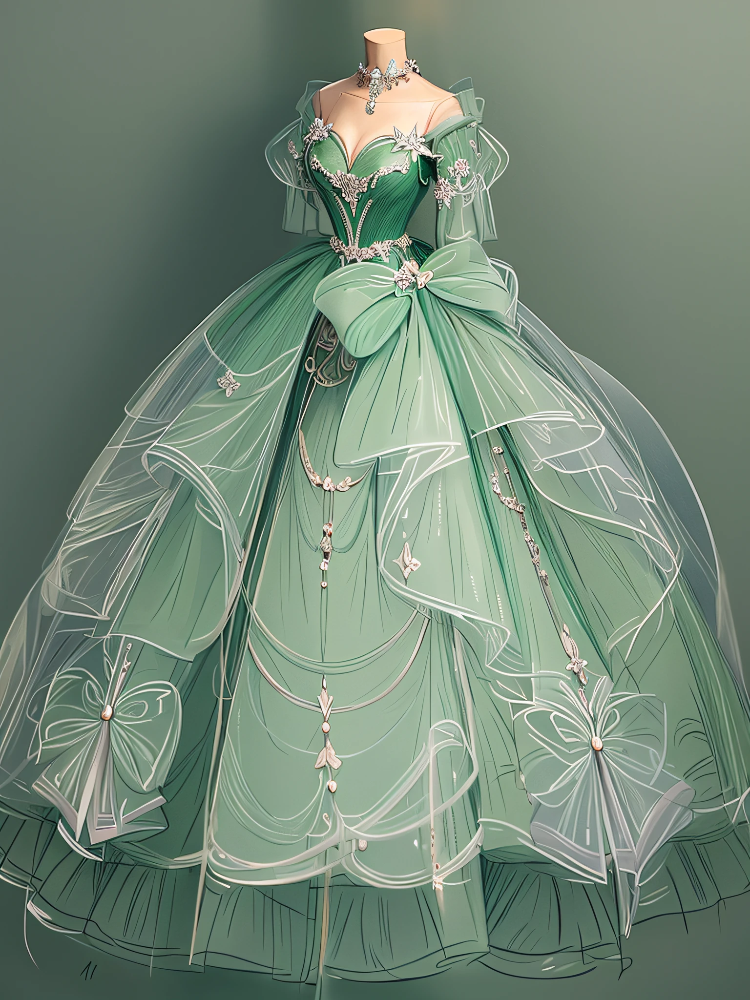 Dark green dress close-up,Dark green dress,(white backgrounid:1.2),magical dress, royal robe, dreamy dress, Detailed dress, very detailed and rich clothing, detailed fashion illustration, dressed beautiful gown,