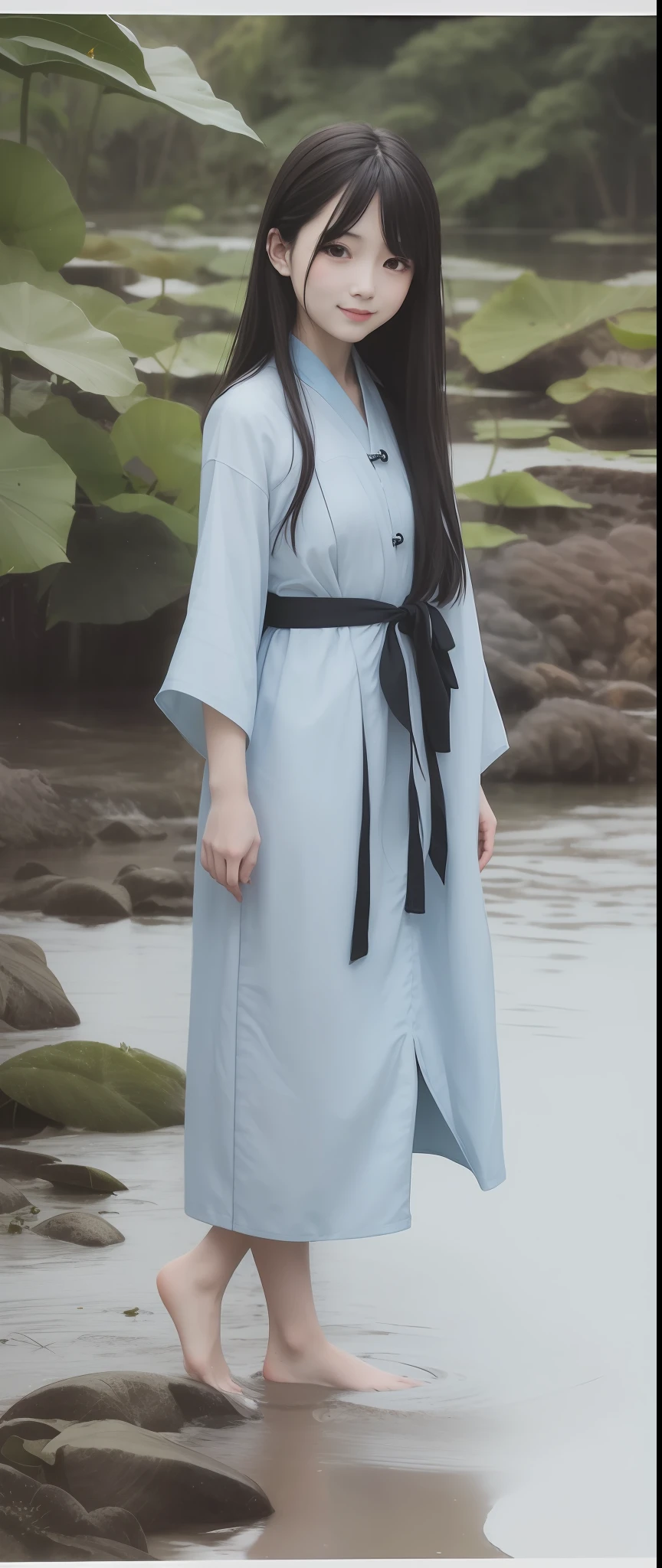 ((4k,masterpiece,best quality)), shuimobysim, traditional chinese ink painting, lotus, hanfu, maxiskit, dress conservatively 1girl, solo, long blue hair, smile, standing, feet in the water, barefoot,