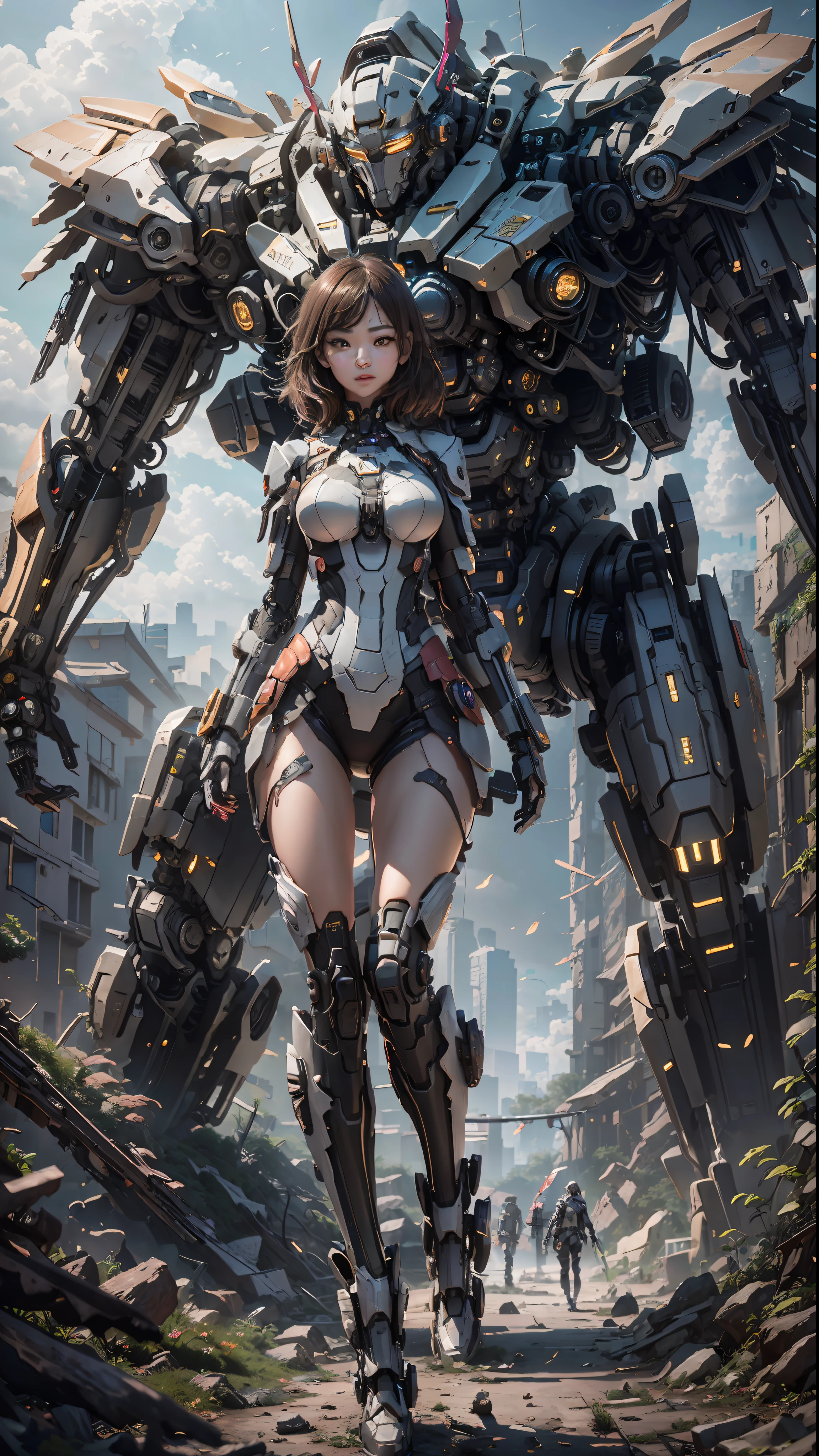 ((Best Quality)), ((Masterpiece)), (Very Detailed:1.3), 3D, Shitu-mecha, Beautiful cyberpunk woman with her pink mech in the ruins of a city in the forgotten war, Ancient technology, HDR (High Dynamic Range), ray tracing, NVIDIA RTX, super resolution, unreal 5, subsurface scattering, PBR texture, post-processing, anisotropic filtering, depth of field, maximum sharpness and sharpness, multi-layer texture, albedo and highlight maps, surface shading, Accurate simulation of light-material interactions, perfect proportions, octane rendering, duotone lighting, low ISO, white balance, rule of thirds, wide aperture, 8K RAW, efficient sub-pixels, subpixel convolution, luminescent particles, light scattering, Tyndall effect