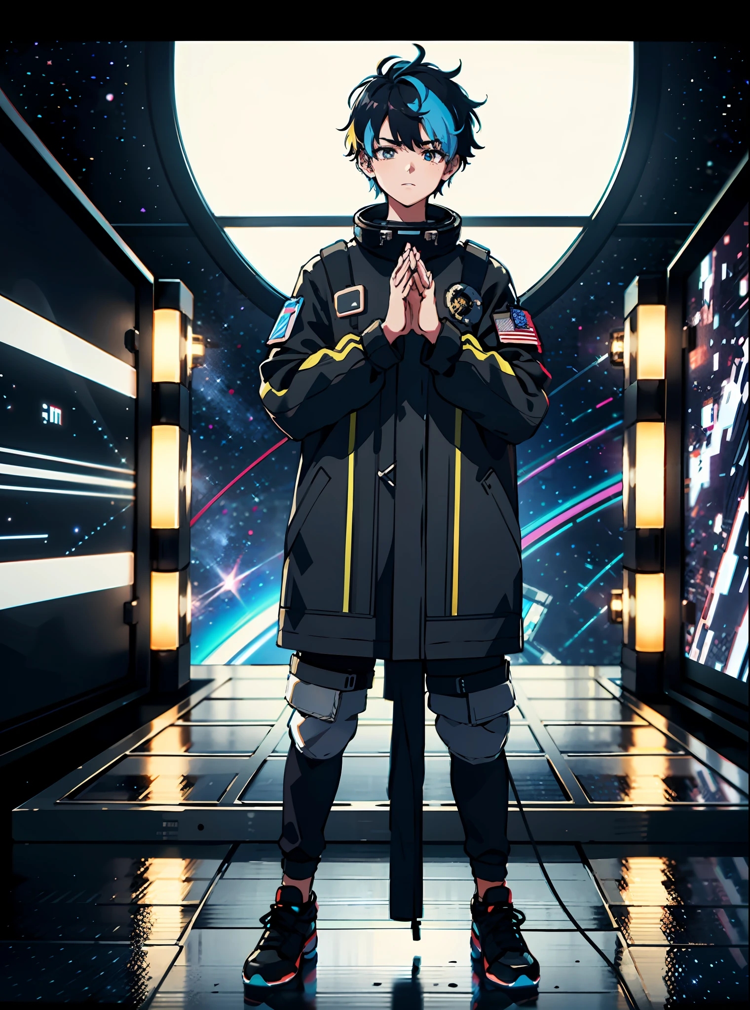 Libido boy, Extremely detailed, (Grainy:0.5), Melancholy, window, space station, multicolored lights, blue messy hair, Dark, hands crossed, extremely detailed high quality clothing, full body clothing, lights on clothing,, Expressionless, 4K, 8K UHD
