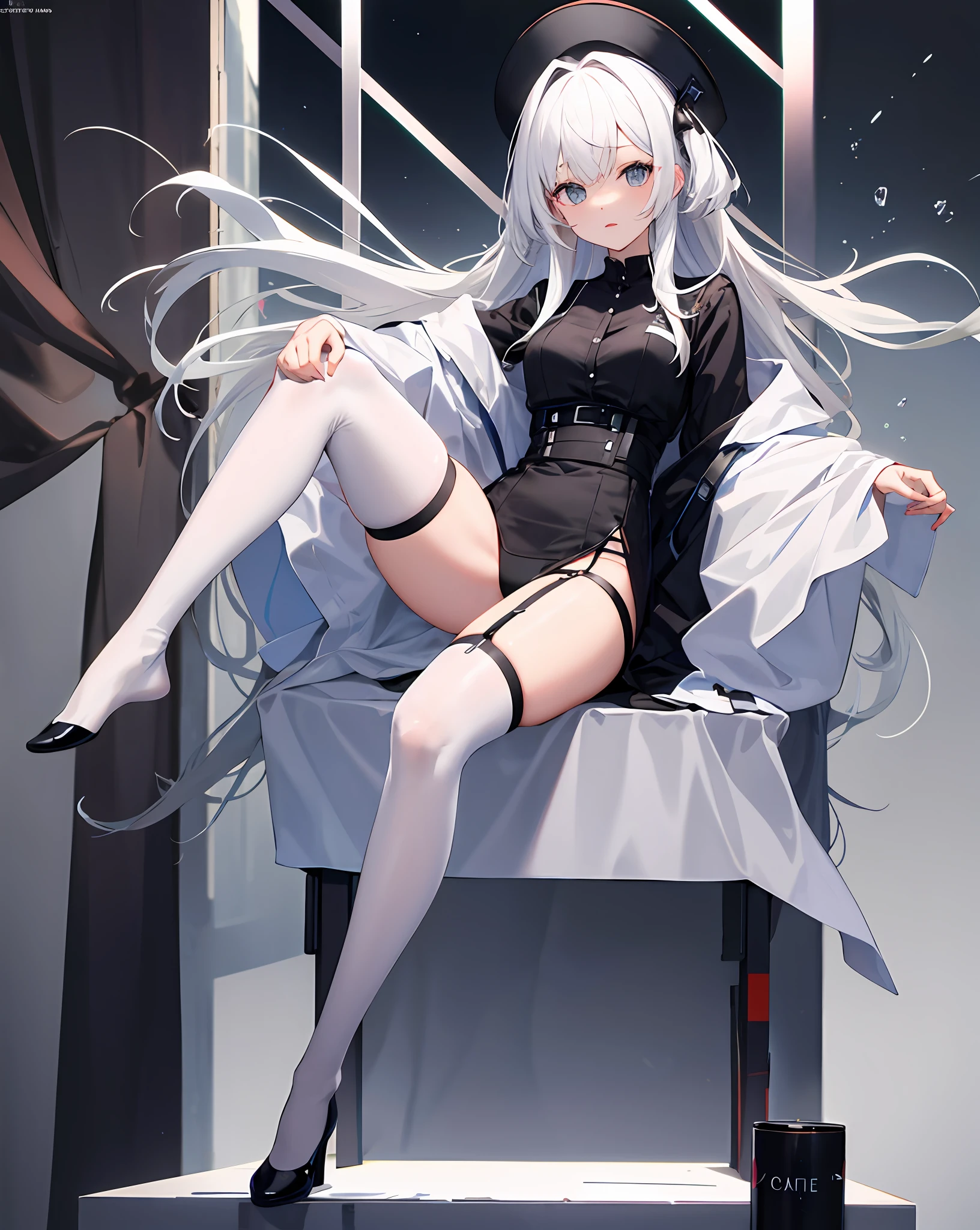 White color hair,Open the legs,black lence stockings