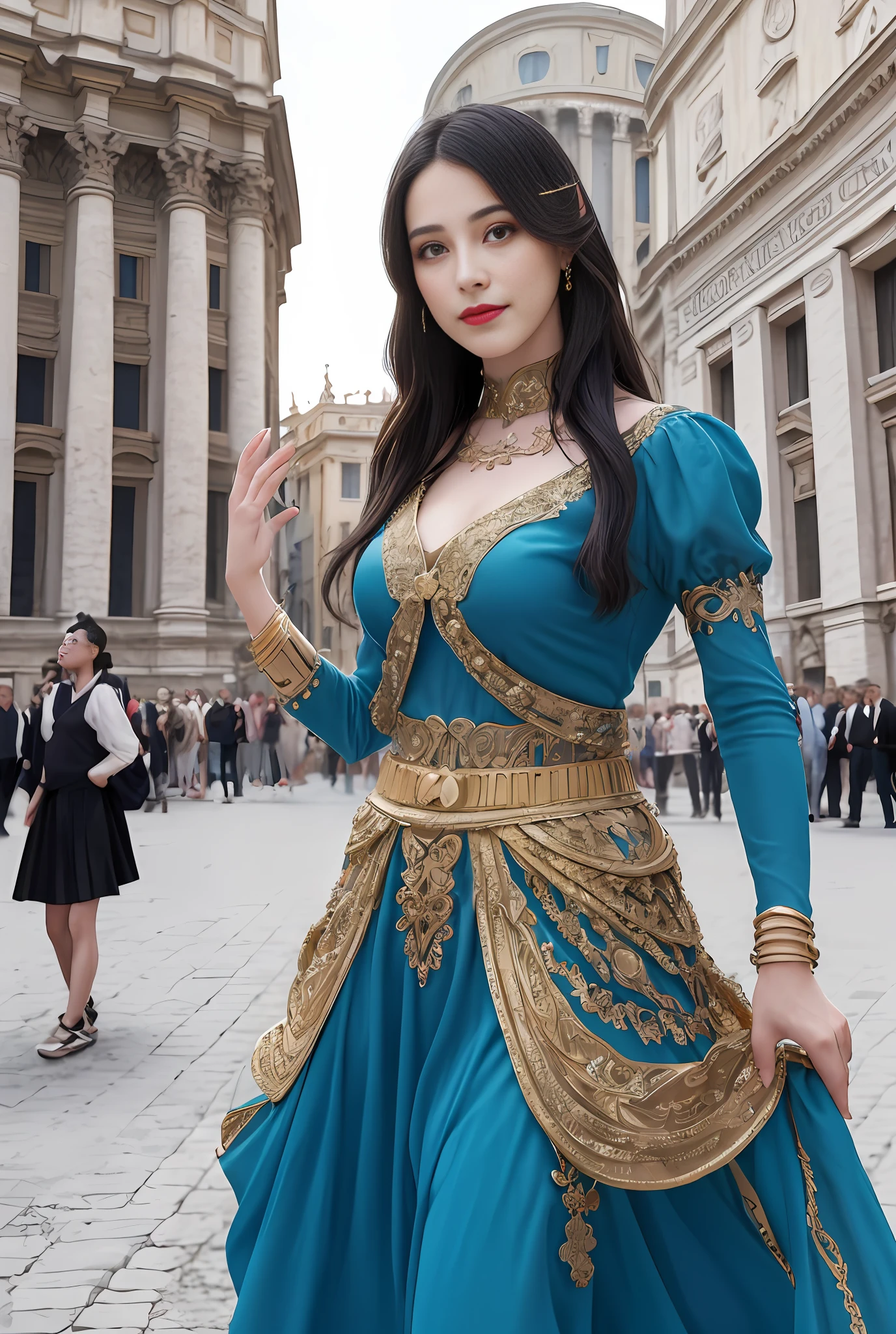 (masterpiece, best quality, realistic),
2girl,duo,(on the St. Peter's Square of Vatican,crowd),gypsy dress, dancing, intricate dress, gold, gypsy person, banquet, crowd, picking up skirt,pale skin,
[slight smile],