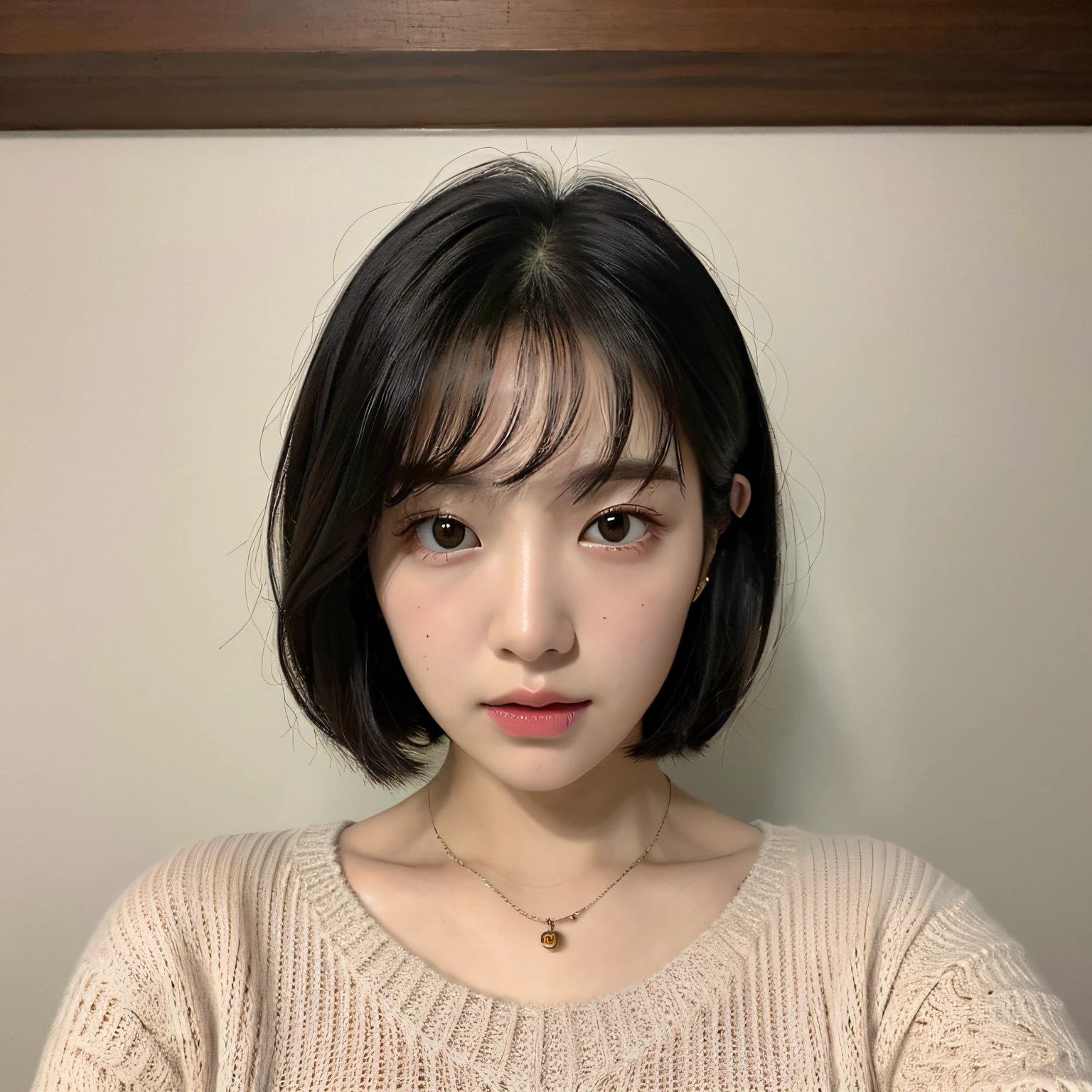 (Best quality, 8k, 32k, masterpiece, UHD: 1.2), photo beautiful japanese woman, room, very short Bob hair, upper body, facial focus, oversized_sweater, necklace, simple background, from above, looking at the viewer, --auto