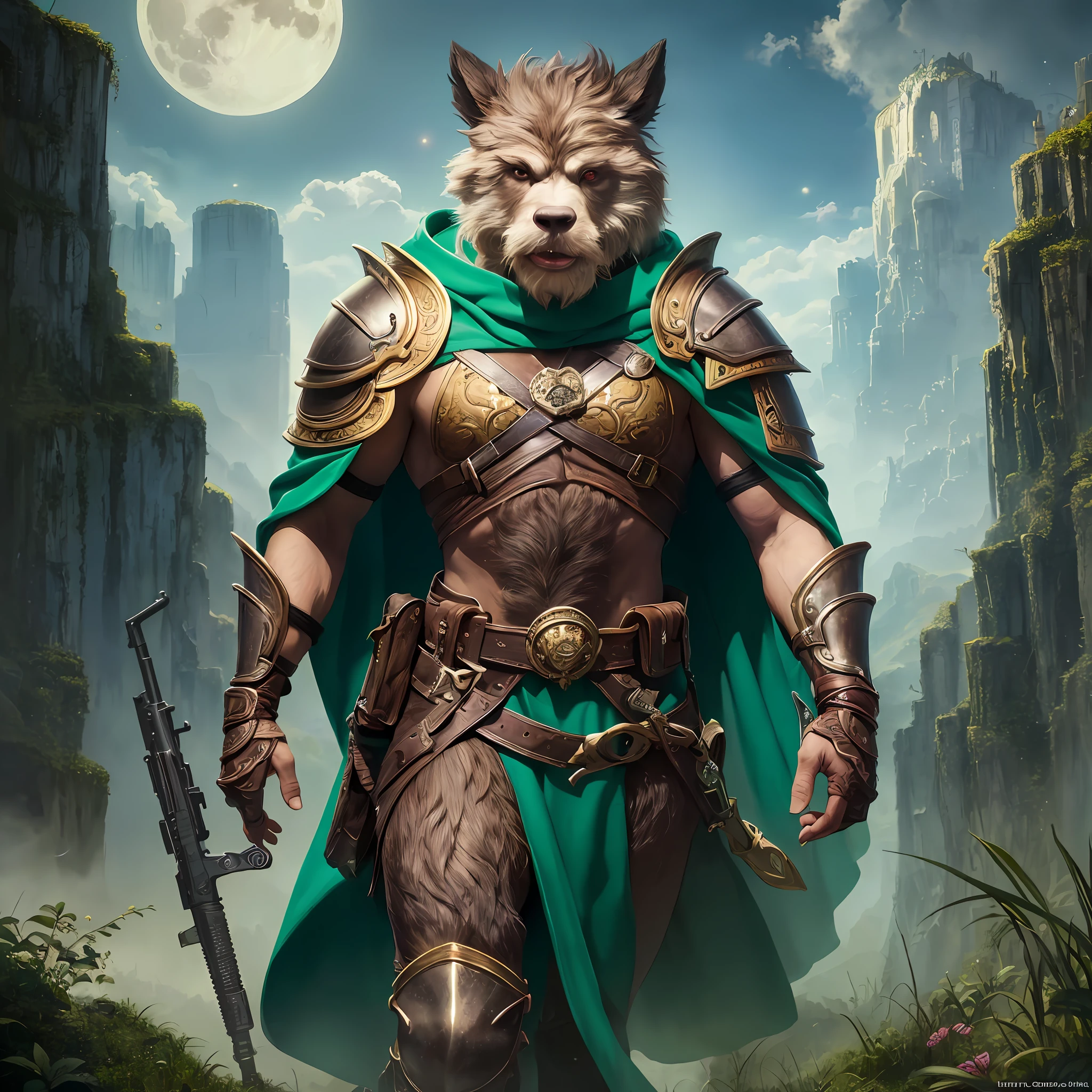 fantasy art, dnd art, (masterpiece:1.5), full body intricate details, highly detailed, best quality, highres, portrait of a male, bugbear(1.6, fantasy art, Masterpiece, best quality) bugbear, (fantasy art, Masterpiece 1.6, best quality), human like features, ranger, with a short brown hair, green eyes, (fantasy art, Masterpiece, best quality)armed a gun, wearing a green cloak, wearing studded leather armor (fantasy art, Masterpiece, best quality), in fantasy setting forest at night, moon, clouds, soft light, high details, best quality, highres, 1080P, 8k, anatomically correct, photorealistic