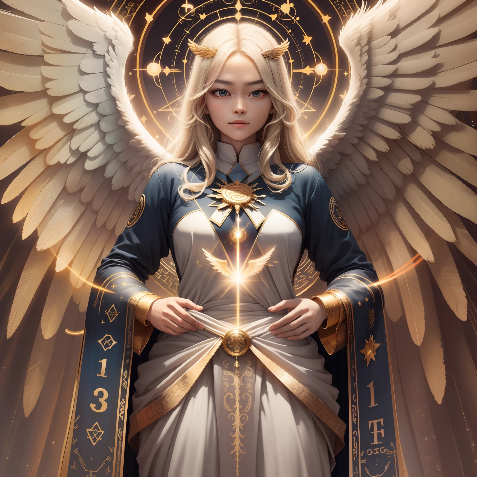 （tmasterpiece）， （best qualtiy：1.4）， absurderes， [：intricately details：0.2]， angelicales， the angel's wings， galactic， Skysky， A flashing halo， Strong focus， Crackling energy， Mysterious symbol， sparkling motes，Chinese face beauty