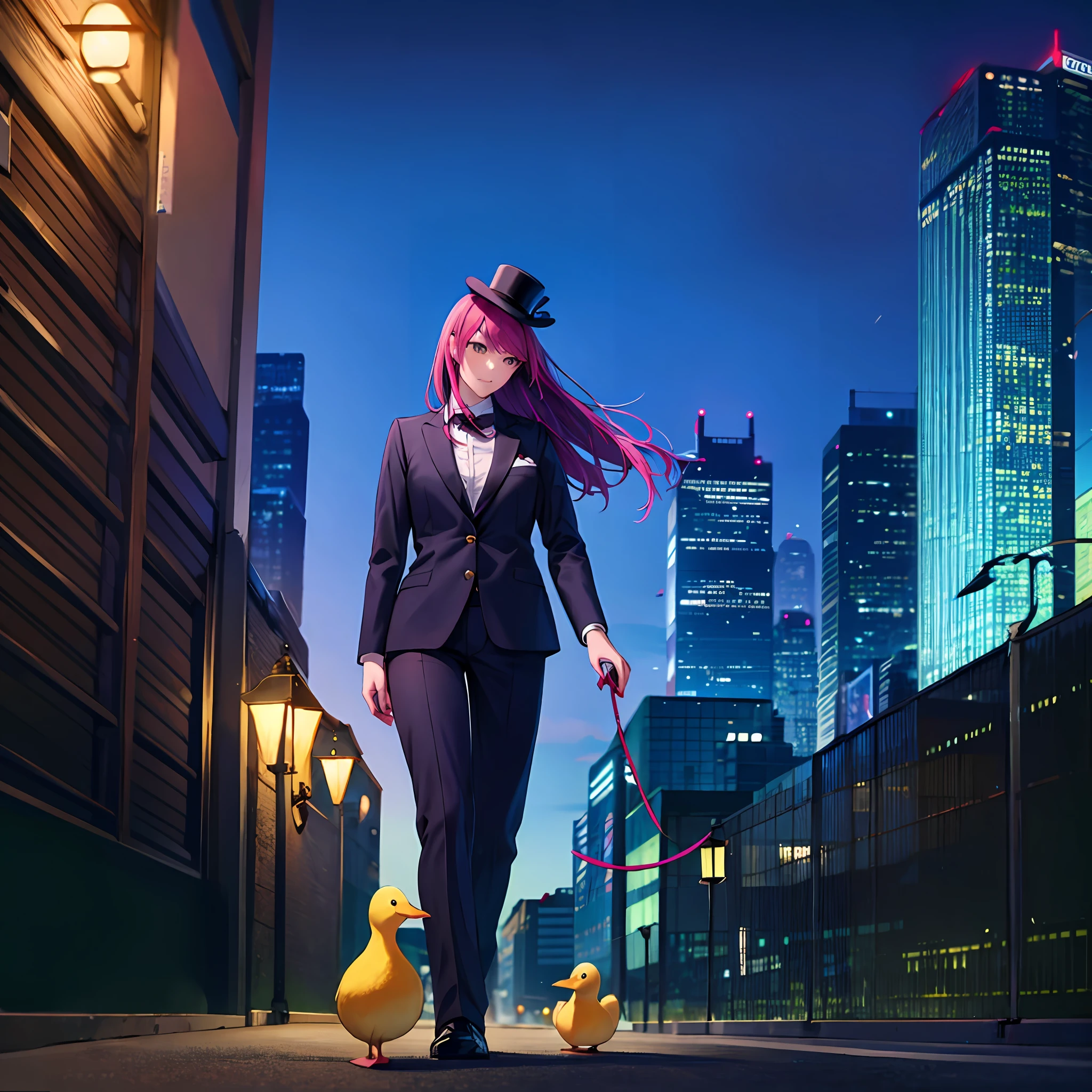 1 girl, pink hair, hair bangs, holding a leash, walking a yellow duckling wearing a suit and top hat, view from right side, city background, evening, outdoor lamp on the left, looking left, crossing street