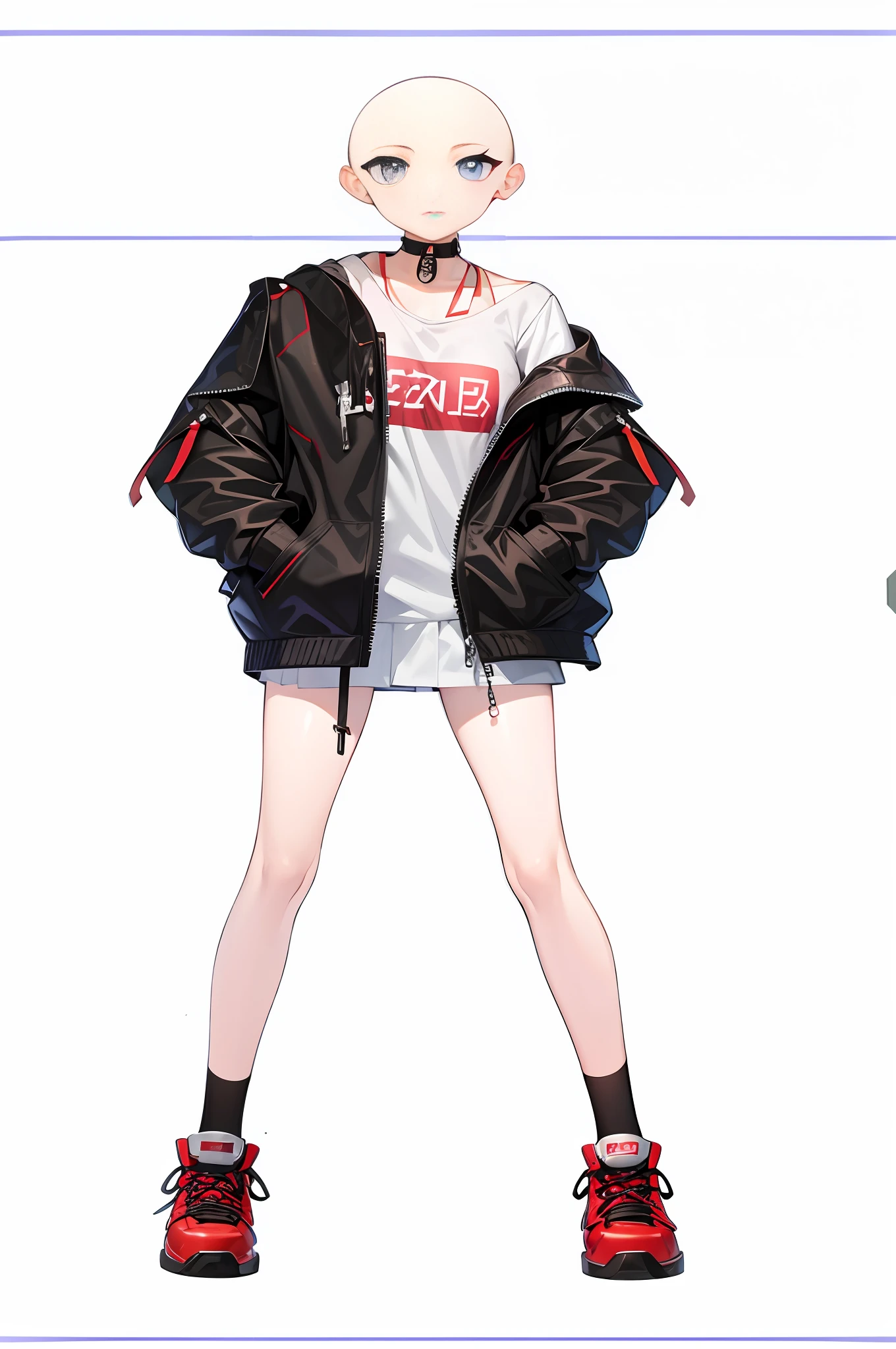 Anime characters standing in front of white background,Black jacket and red shoes, girls frontline style, from girls frontline, cyberpunk anime girl in hoodie, Fine details. Girl front, anime full body illustration, Girls Frontline CG, girls frontline universe, trending on cgstation, Single character full body, Girl front, High quality anime art style, Style anime