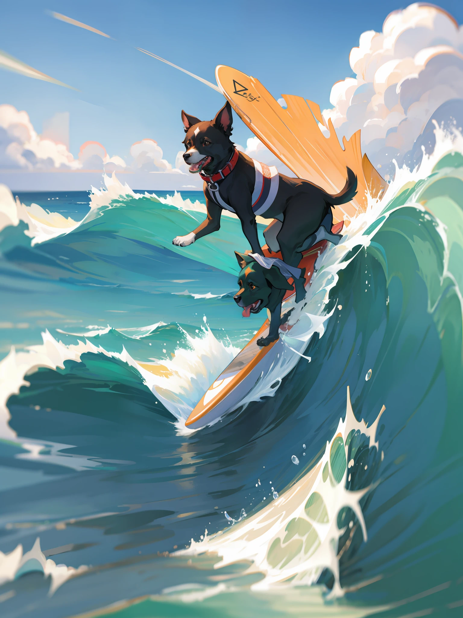 Dog surfing by the sea