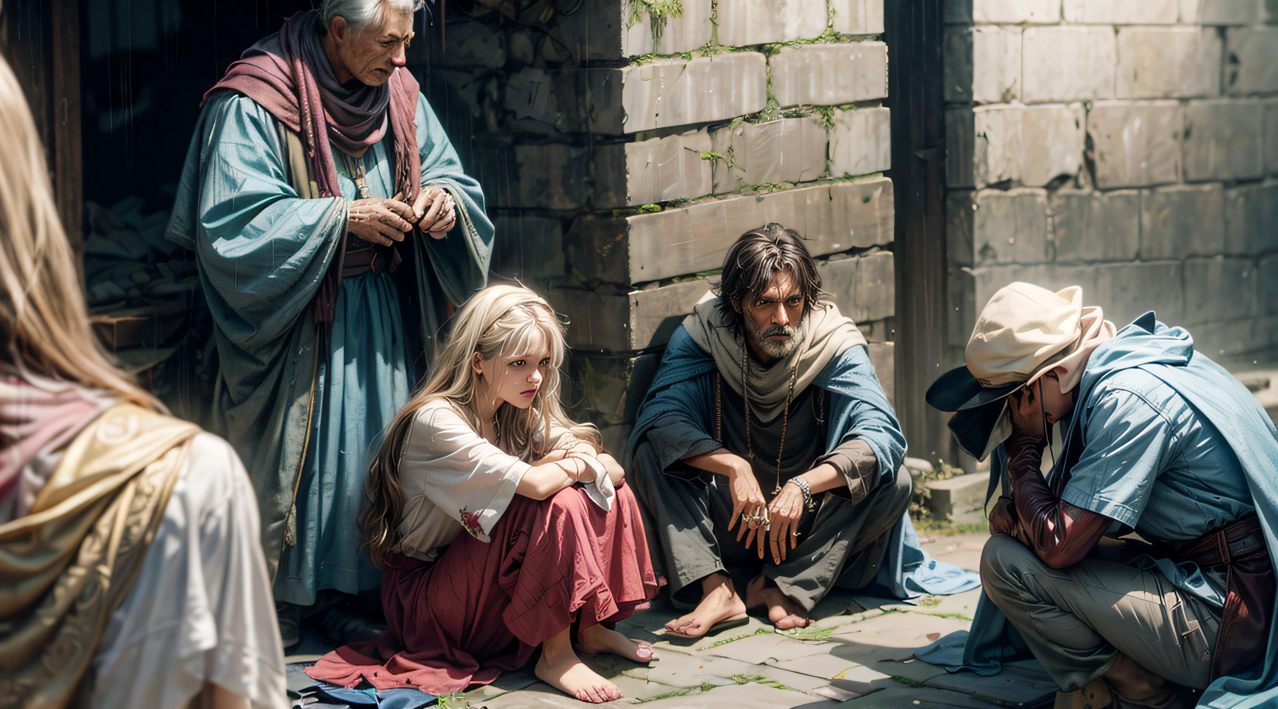 (Realistis:1.4),medieval times,8K,After the war,top down shot,wide wide shot,Close-up,low angles,low angle shot,Elevation angle,Close-up,Get close to the character,dramatic scene,A princess,The richly dressed princess sits by the devastated city walls,The city is full of beggars,Full of ragged beggars,overcast day,Drizzle,A sense of contrast,and it is raining,Helpless beggars,A group of beggars looked at the princess,Comic storyboard