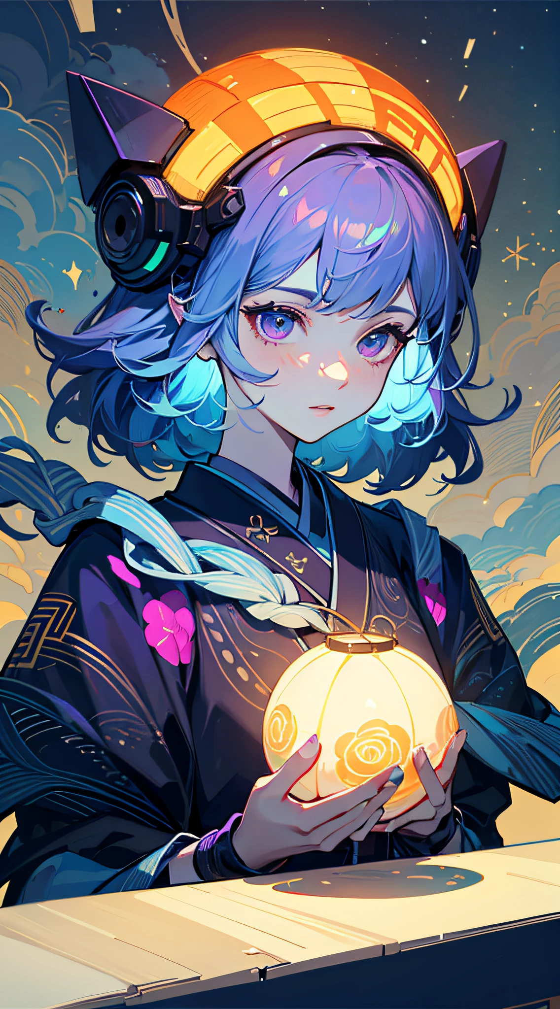((tmasterpiece)), ((ultra - detailed)), ((best qualtiy)), 美丽细致的眼睛, Detailed face, The best lighting, The best shades, 1 rapariga,独奏, ((cyber punk style, edge lit, machine arm,Hologram aura,Surreal Science Fiction Art,Future Science Fiction Aesthetics,Flat 2D style, Disney 2D)), ((The main colors are green and purple)), Huge lanterns, (Girl inside flowers:1.5),Science Park,Orange lanterns ,A world made up of games,Traditional ancient buildings, freckle, Cold nose, (((Buble))), illustration,japanese inspired, (highly detailed), Whirlpool effect,Tech themes