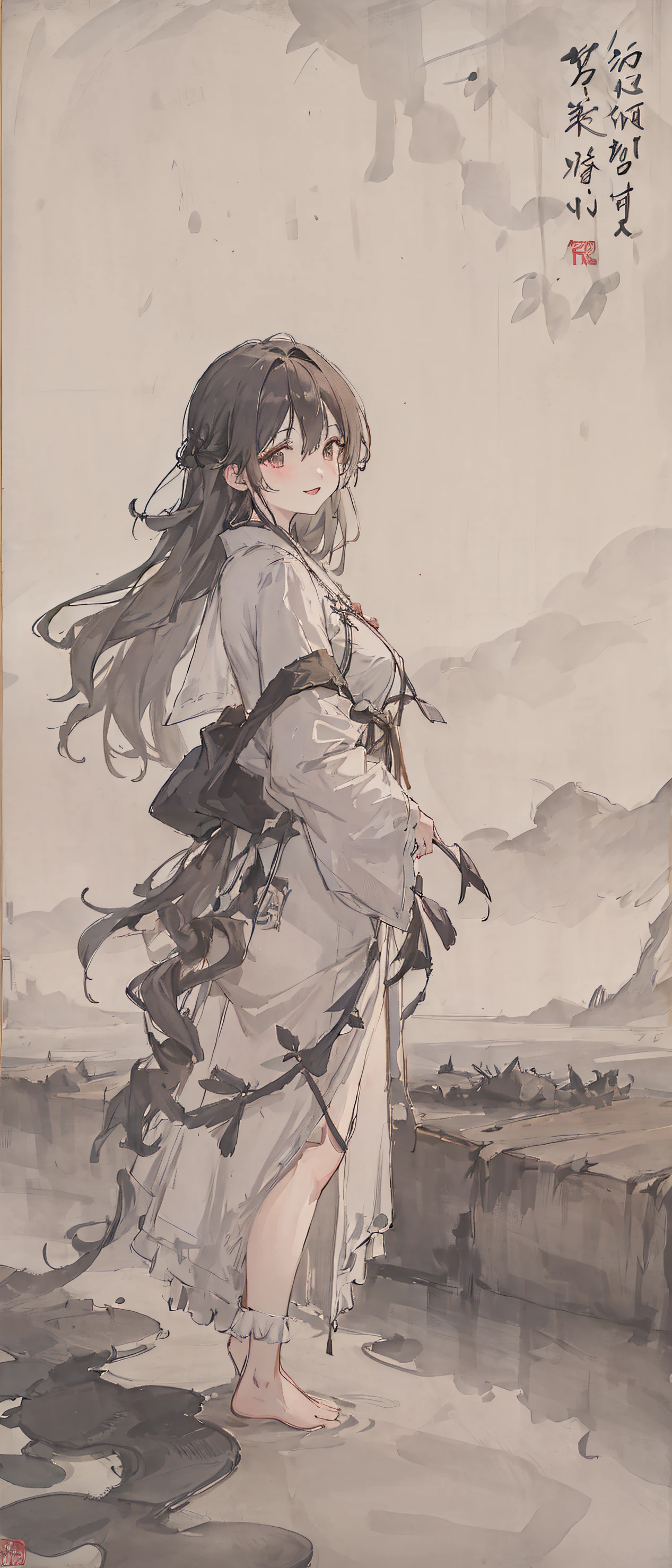 ((4k,masterpiece,best quality)), shuimobysim, traditional chinese ink painting, lotus, hanfu, maxiskit, dress conservatively
1girl, solo, long blue hair, smile, standing, feet in the water, barefoot,
