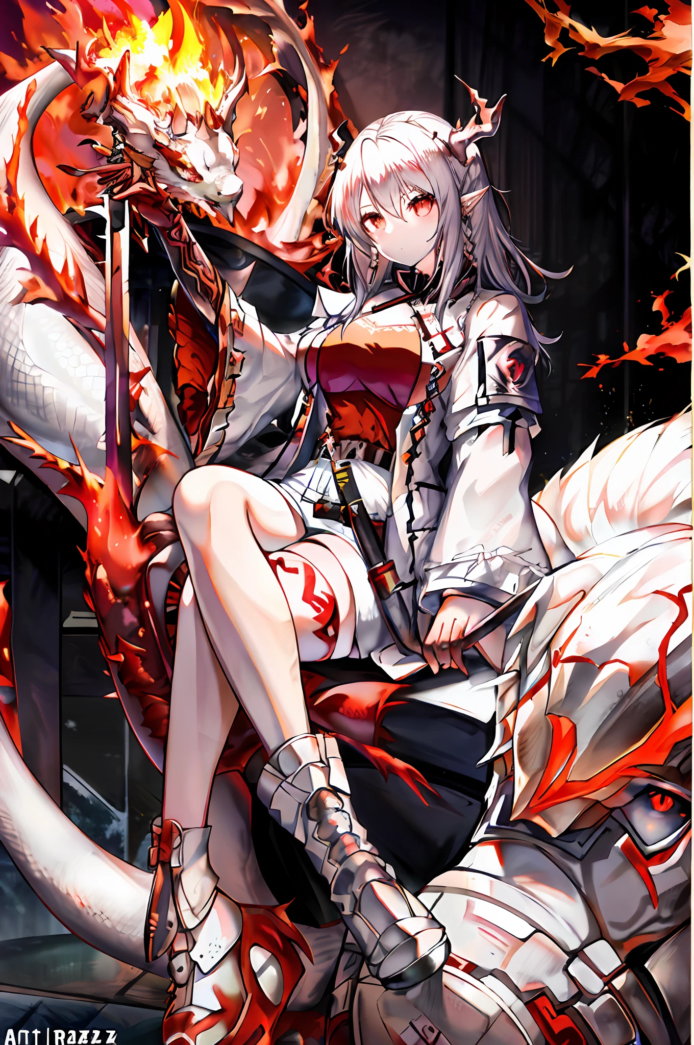 Anime girl sitting on dragon with sword and fire, From Arknights, White and red armor, trending on artstation pixiv, Guweiz in Pixiv ArtStation, Guweiz on ArtStation Pixiv, Guviz, silver white red details, Best anime 4k konachan wallpaper, trending on cgstation, author：Shitao