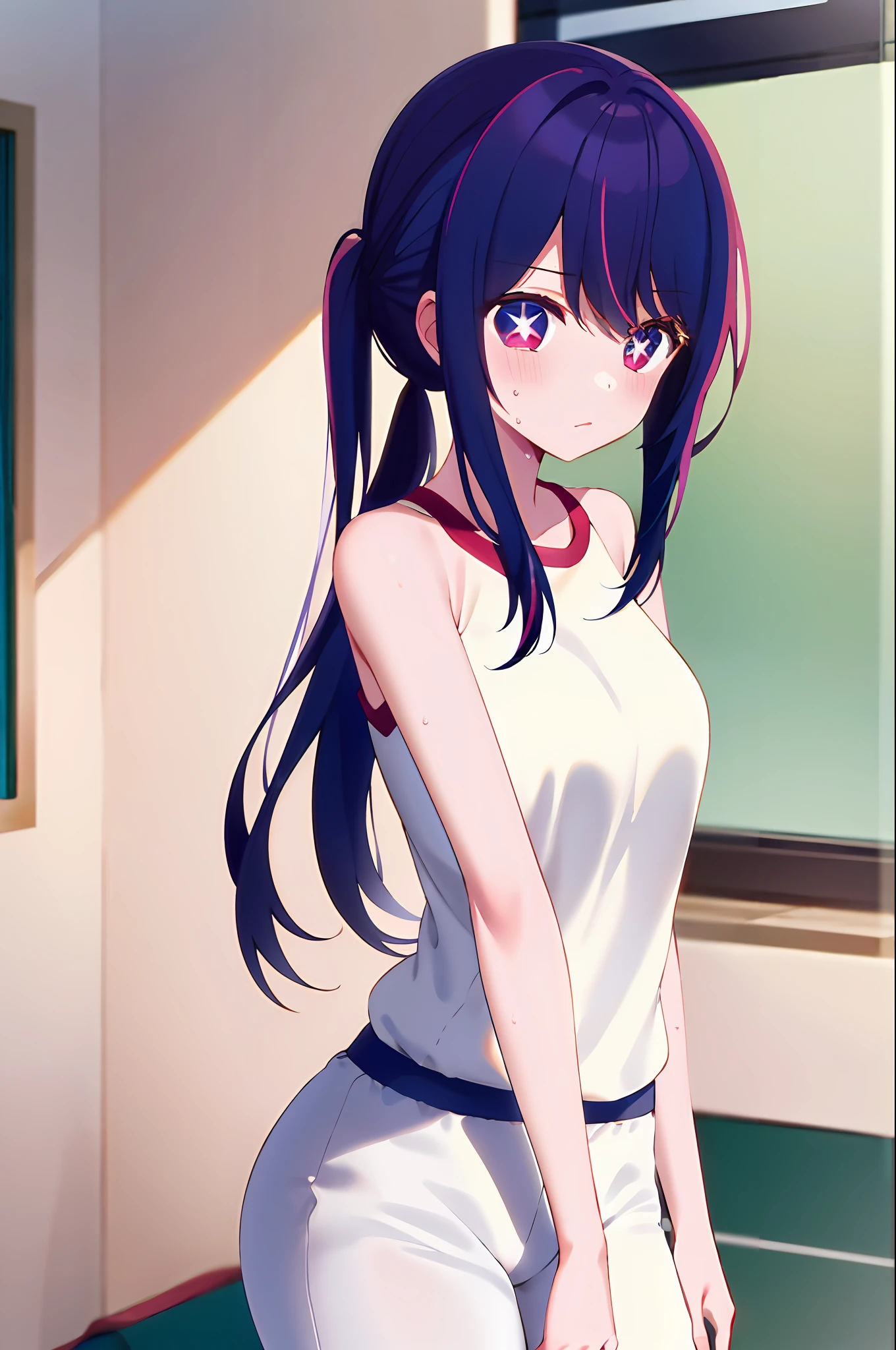 tmasterpiece, Need, absurderes, The is very detailed, 1girl, Ai Hoshino, long whitr hair, Purple colored hair, Striped hair, Purple eye, star-shaped bule pupils, White T-shirt, shorter pants, blacksilk,Pink towel, shoulder towel, sweat leggs, pony tails, inside in room, Inside the gym, Professional lighting, full bodyesbian, Cowboy photos