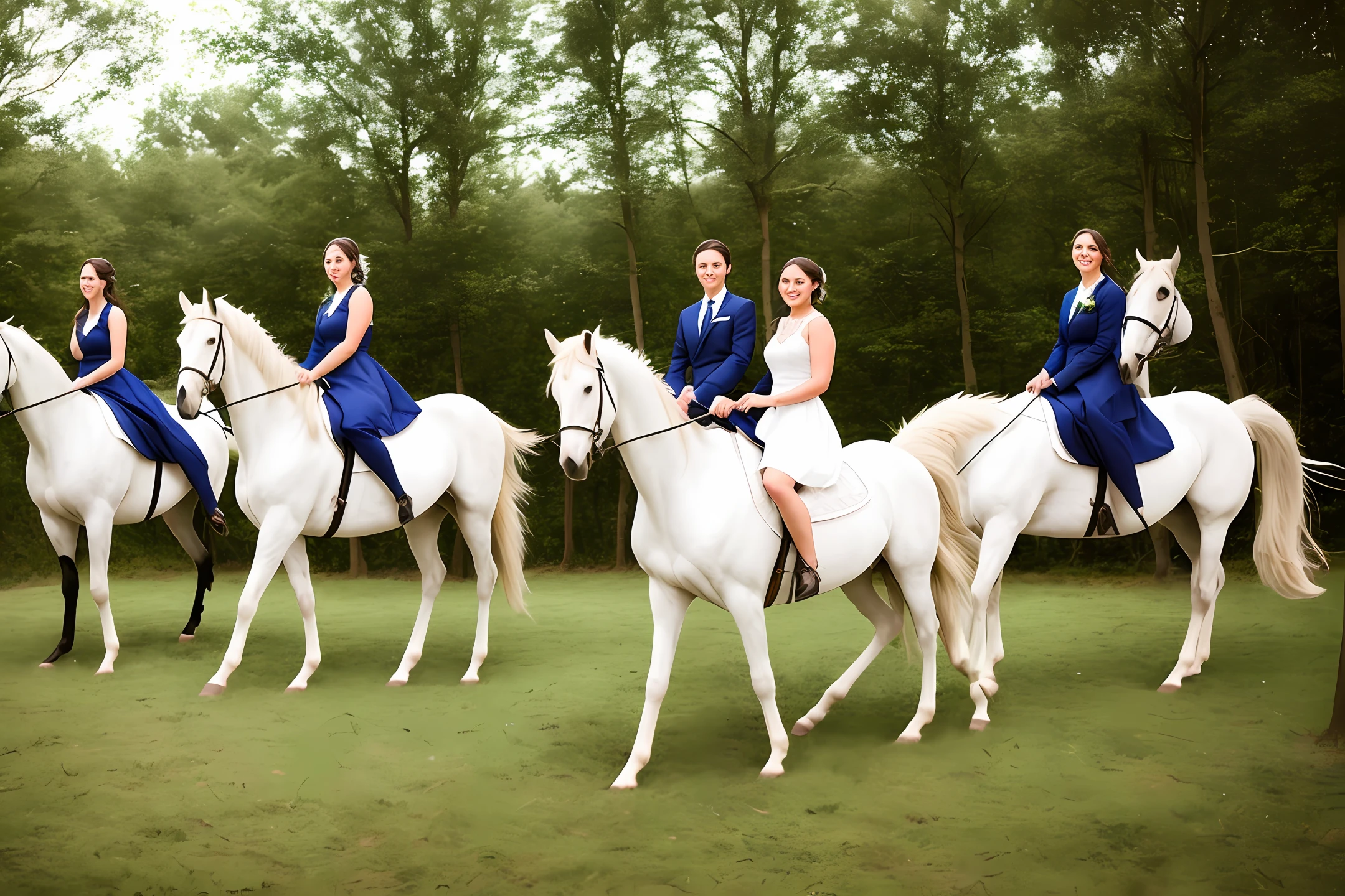 Girls riding white horses,wedding photo,ln the forest,Love,Man leads the horse,Girls wearing wedding dresses,