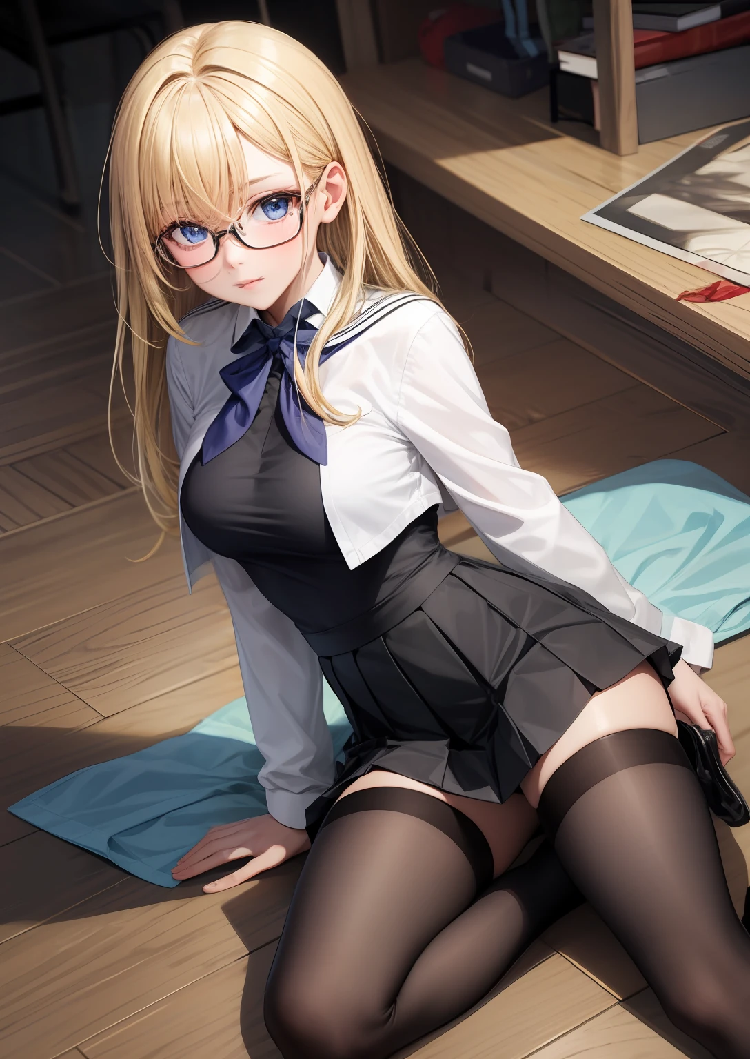 ((masterpiece, best quality)),a girl, solo, glasses, serafuku, thighhighs, skirt, ribbon, upperbody, class room, indoors, shirt, neckerchief, school uniform, long hair, black thighhighs, looking at viewer, blue eyes, black serafuku, black skirt, red ribbon, long sleeves, pleated skirt, blonde hair, wood floor