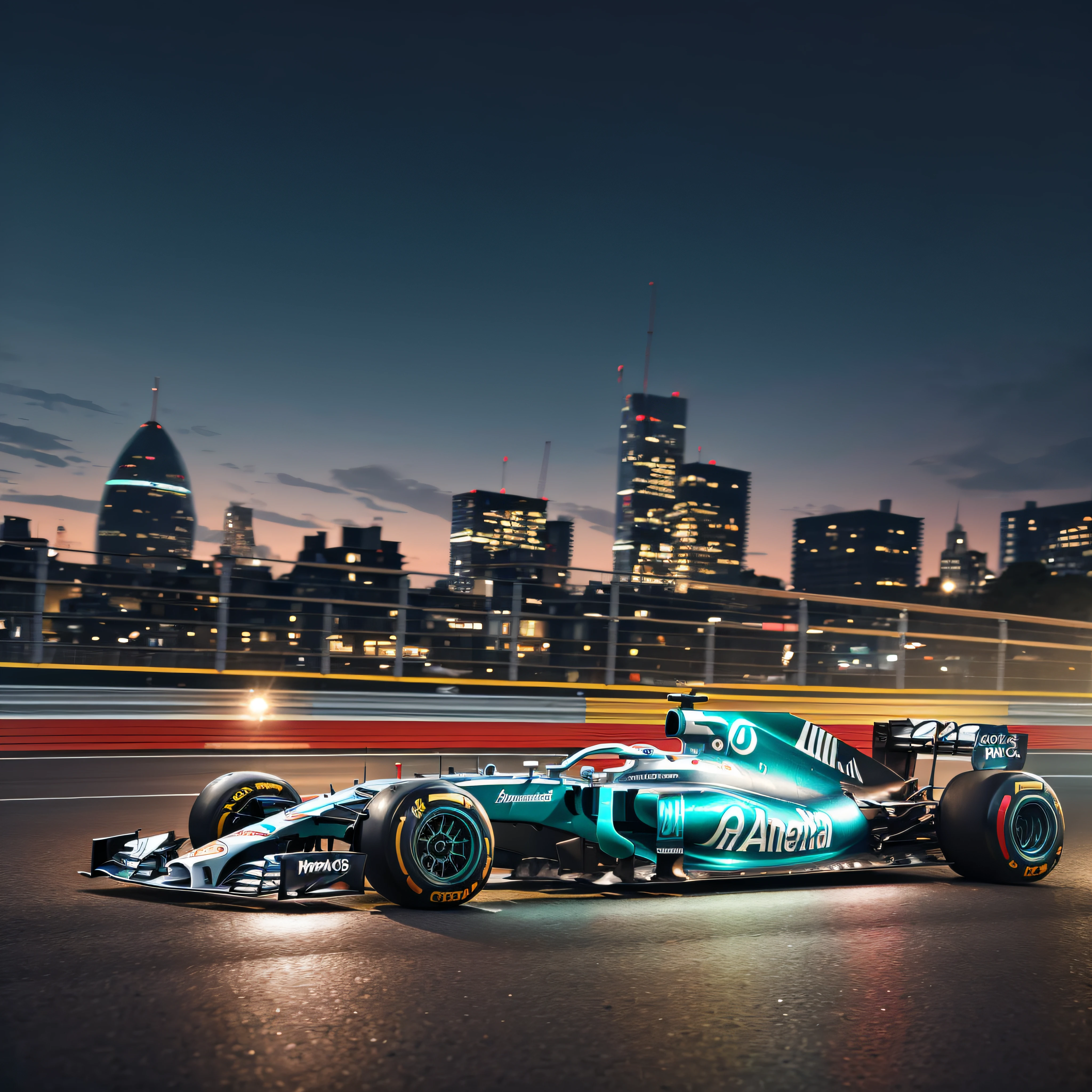 . (surreal), (espetacular), (intenso), (Dramatic), (carros de Formula 1),  de alto risco, intense illumination, cores vivas, fundo escuro, modern, Pixar, ray tracing, 35mm, bokeh, super detail, best quality, humor intenso, atmosfera escura, alta qualidade, realista, artistic composition, complexa, impressionante, atraente, that catches the eye, magistralmente trabalhada, cabelos estriados, Sorriso leve, Cartaz de propaganda americano, Surrealismo, Luminismo, hiper-realismo, Pixar, Cinematic lighting, ray tracing, 85 millimeters, anatomicamente correto, Super Detalhe, melhor qualidade, art by Bruno Rocha