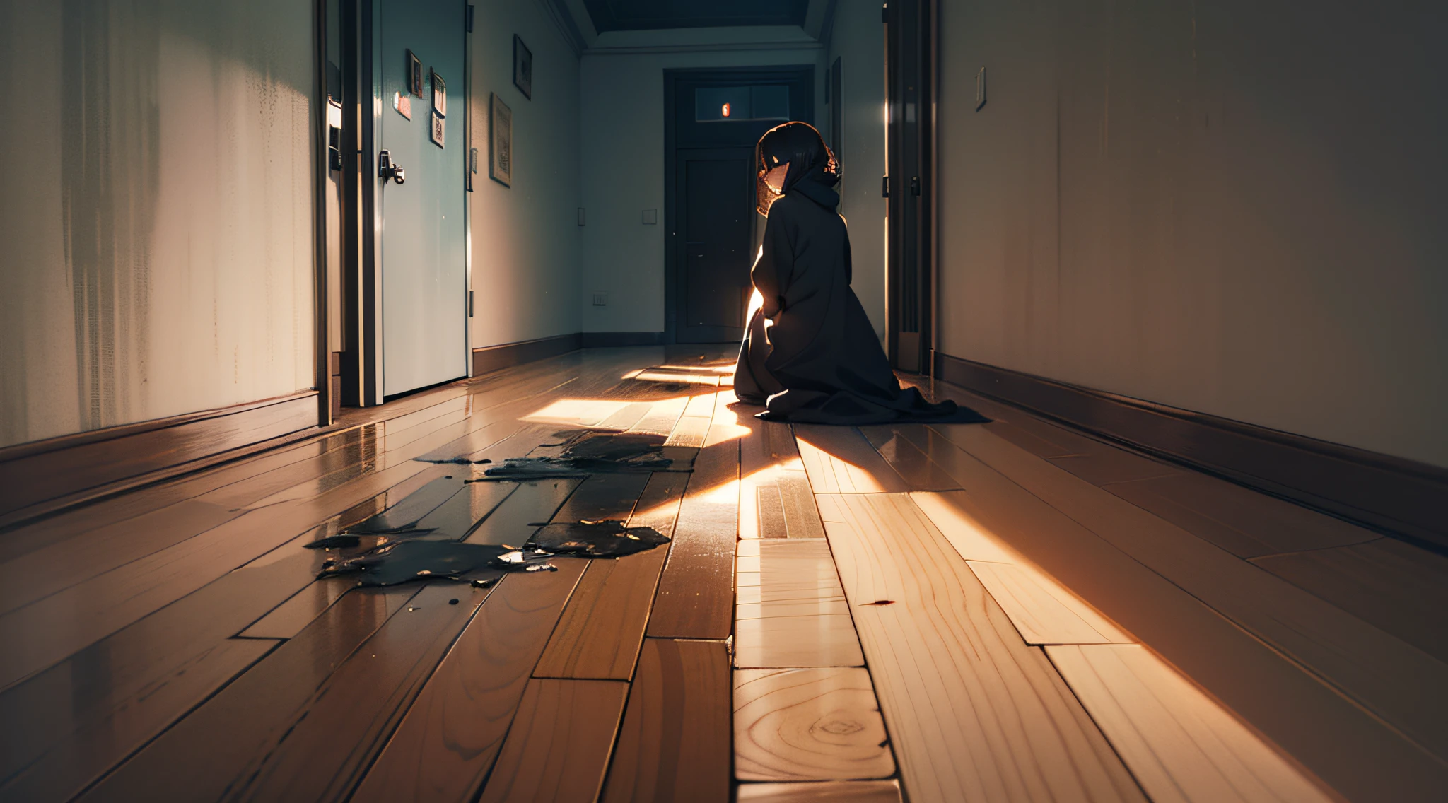 in a panoramic view ，Large viewing angle，On the floor sat a woman，Back shadow，Can't see the face，Will be facing away from the camera，inside in room，Ground view，full bodyesbian