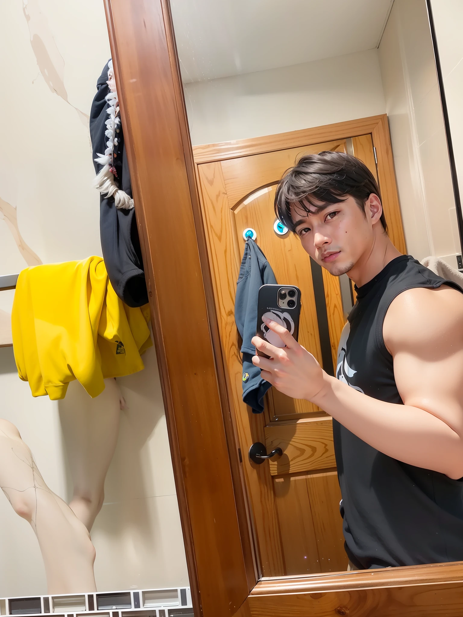 there is a man taking a picture of himself in a mirror, with yellow cloths, korean muscle boy 2 1 years old, wearing a fisher 🧥, taken in the early 2020s, standing in front of a mirror, in the style of sifu 🔥 😎 🕹️ 👀 :2, Yellow and black, he is about 2 0 years old