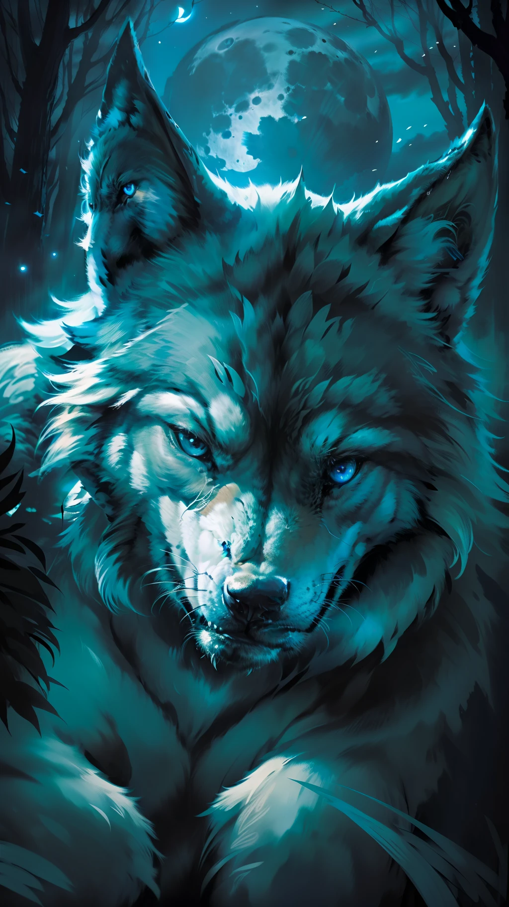 (Masterpiece detailed high image quality) "Black color with blue eyes" wolf dangerous forest, midnight, full moon. 1 solo lobe. ( Front angle of image) ( image open)
