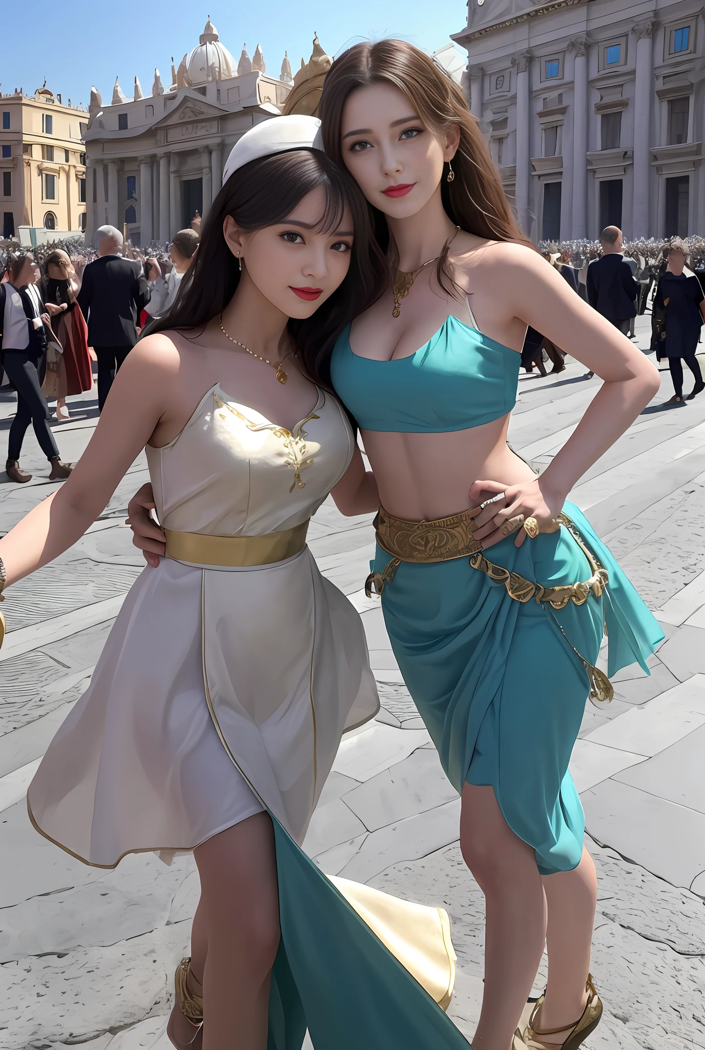 (masterpiece, best quality, realistic),
2girl,duo,(on the St. Peter's Square of Vatican,crowd),gypsy dress, dancing, intricate dress, gold, gypsy person, banquet, crowd, picking up skirt,pale skin,
[slight smile],