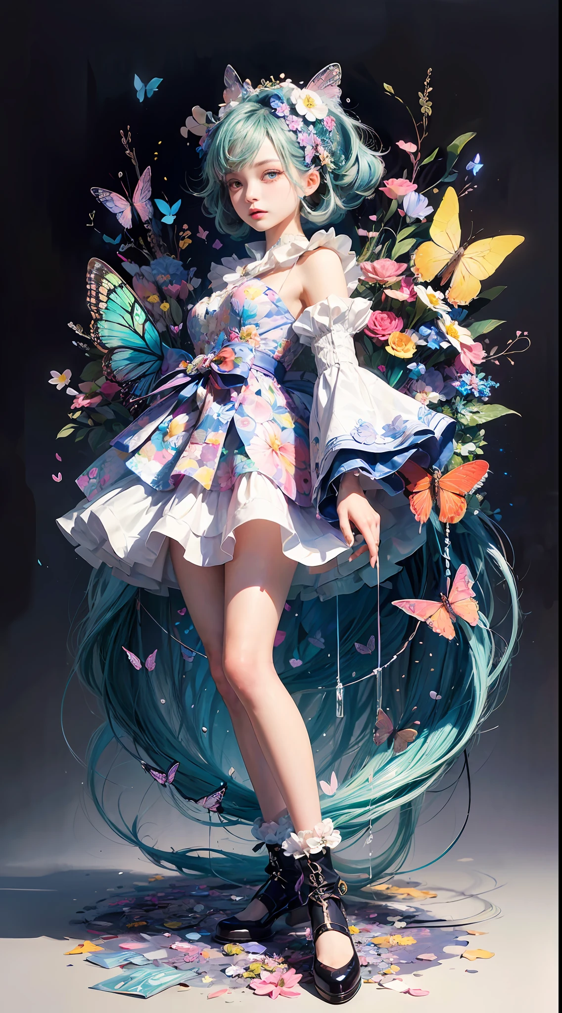 (masterpiece:1.1), (highest quality:1.1), (HDR:1.0), ambient light, ultra-high quality,( ultra detailed original illustration), (1girl, full body), ((harajuku fashion)), ((flowers with human eyes, flower eyes)), double exposure, fusion of fluid abstract art, glitch, (original illustration composition), (fusion of limited color, maximalism artstyle, geometric artstyle, butterflies, junk art)