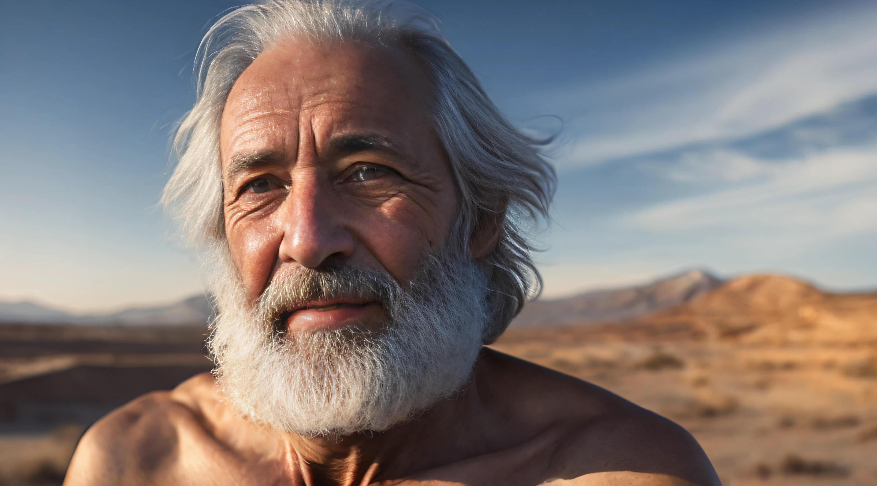 Ancient Israel、Biblical times、1st century、Biblical Stories、((Thin old man with severe skin disease))、((Sit looking up at the sky))、Upper body naked、Wasteland、Suffering face,、8K、Raw photography、top-quality、​masterpiece:1.5、ultra-lightweighthigh-resolution、Photorealsitic:1.5、ciinematic light、soft volumetric lighting:1.5、realisitic、Photorealsitic:1、Detailed skin、profetional lighting、a picture、foco nítido、detaileds、profetional lighting、photon maping、detailed and intricate environment、ighly detailed、top-quality、Artistic photography、photorrealistic concept art、soft natural volumetric cinematic perfect light、Midjourney、Detailed hand、
