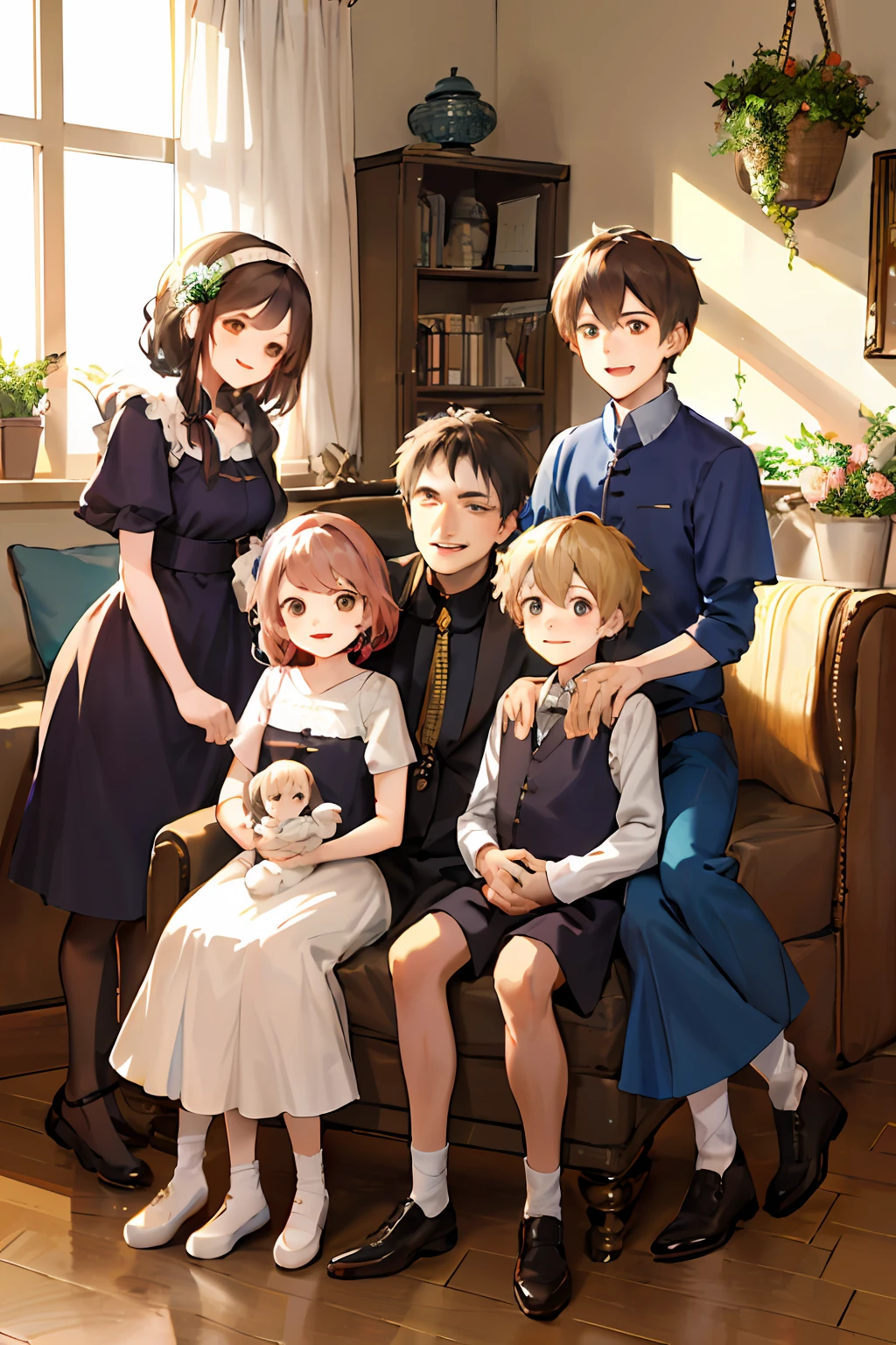 Chinese family sat on the sofa, feel the fast and happy life brought by 5G life together, two children, a boy, a girl, on the left side of the sofa sits grandma, next to the boy snuggled next to grandma, on the right side of the sofa sits grandpa in the mi...