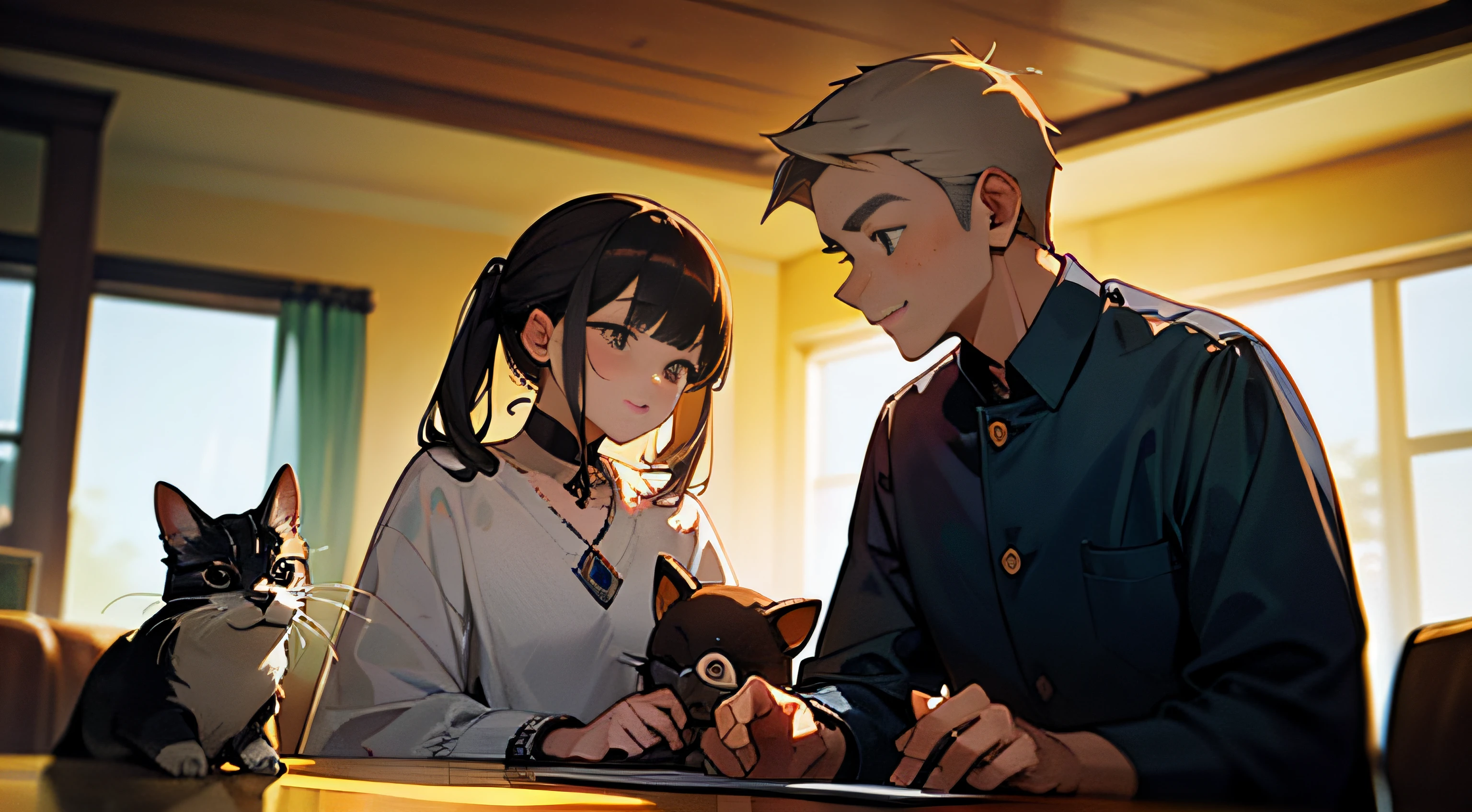Family gatherings,There is a middle-aged couple,There are small animals、There are boys --auto