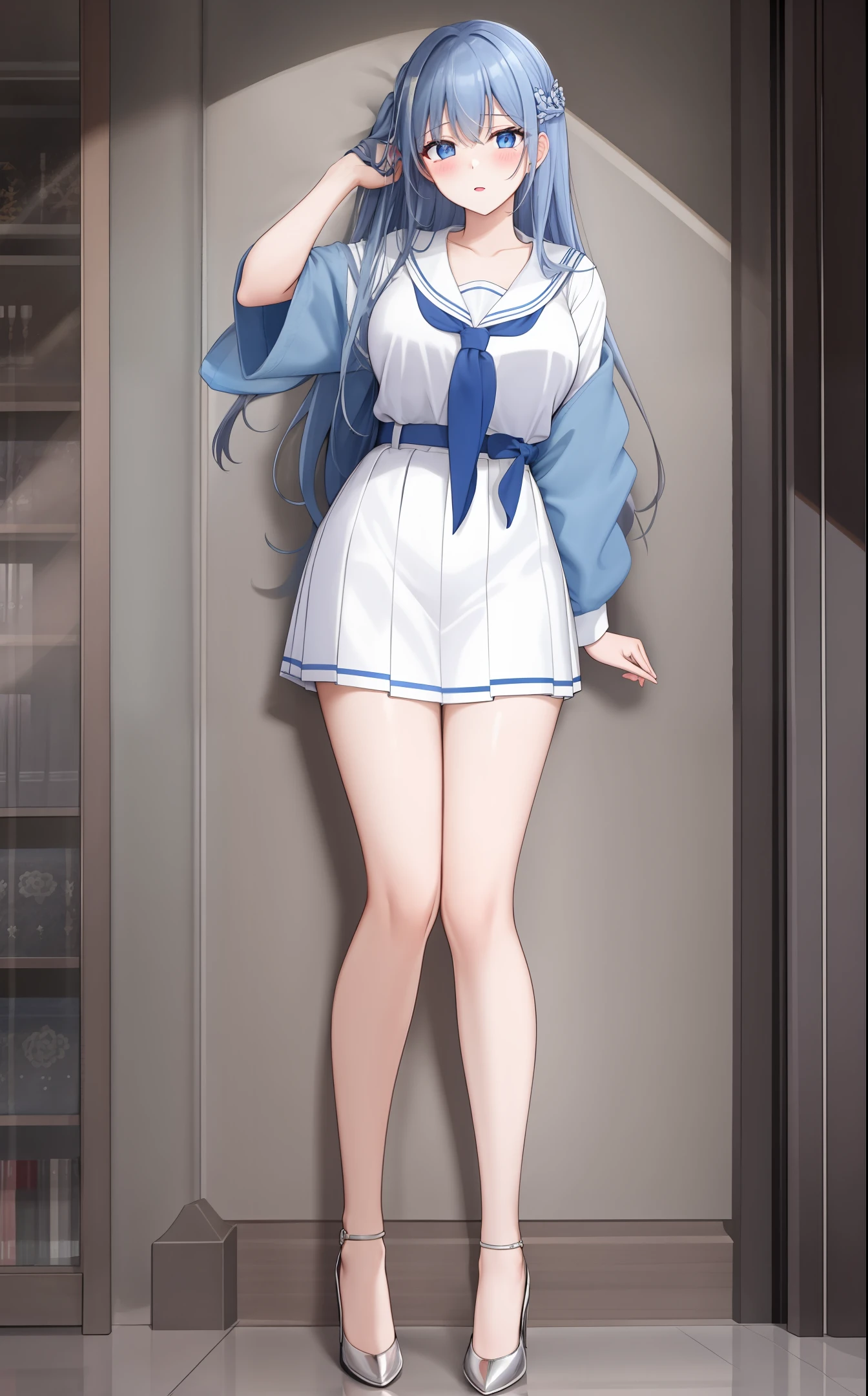 Large bust,Royal sister,goddes,Realistis,schoolgirls,legs long,bule,Full body photo