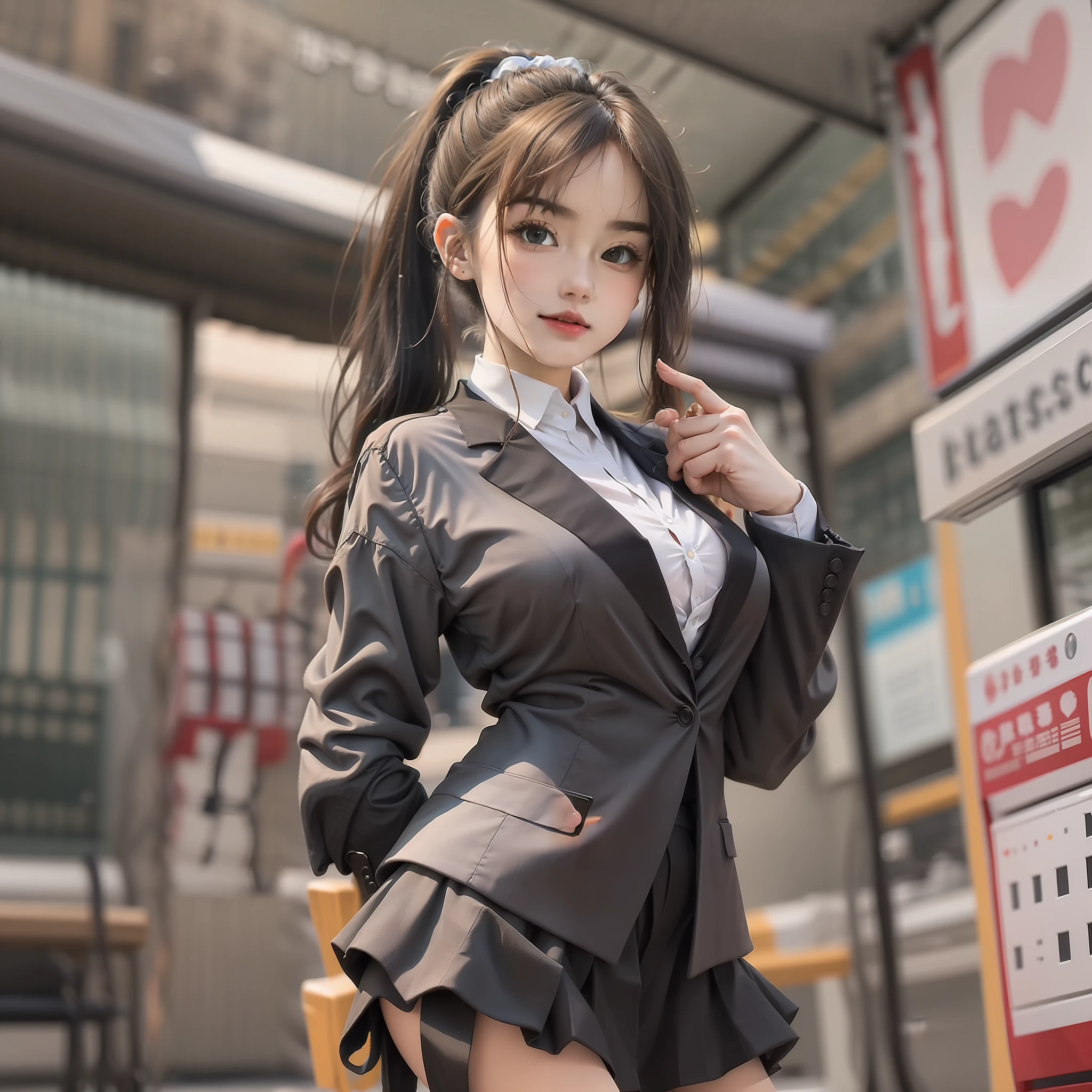 best qualtiy, tmasterpiece, 1girll, beauitful face, (photograph realistic:1.3), edge lit, (highdetailskin:1.2), 8K UHD, digital SLR camera, high high quality, A high resolution, 4K, 8K, Bokeh, absurderes, Optimal proportions of four fingers and one thumb, (realisticlying:1.3), Cute 1girl, Wearing a black formal blazer, mediuml breasts, short skirt,High ponytail,figure eight bangs
