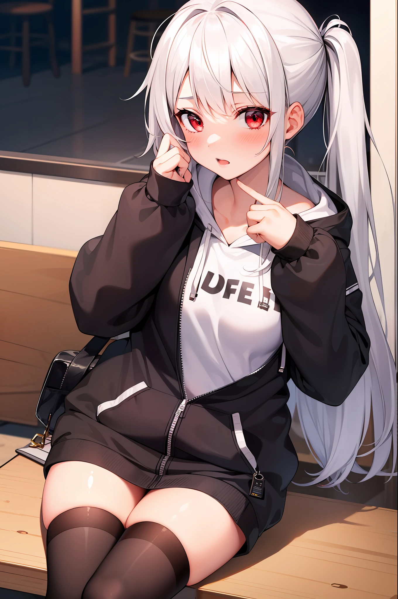 masterpiece, high quality, 1girl, gyaru, white hair, red eyes, black hoodie jacket, thighhighs, at the cafe