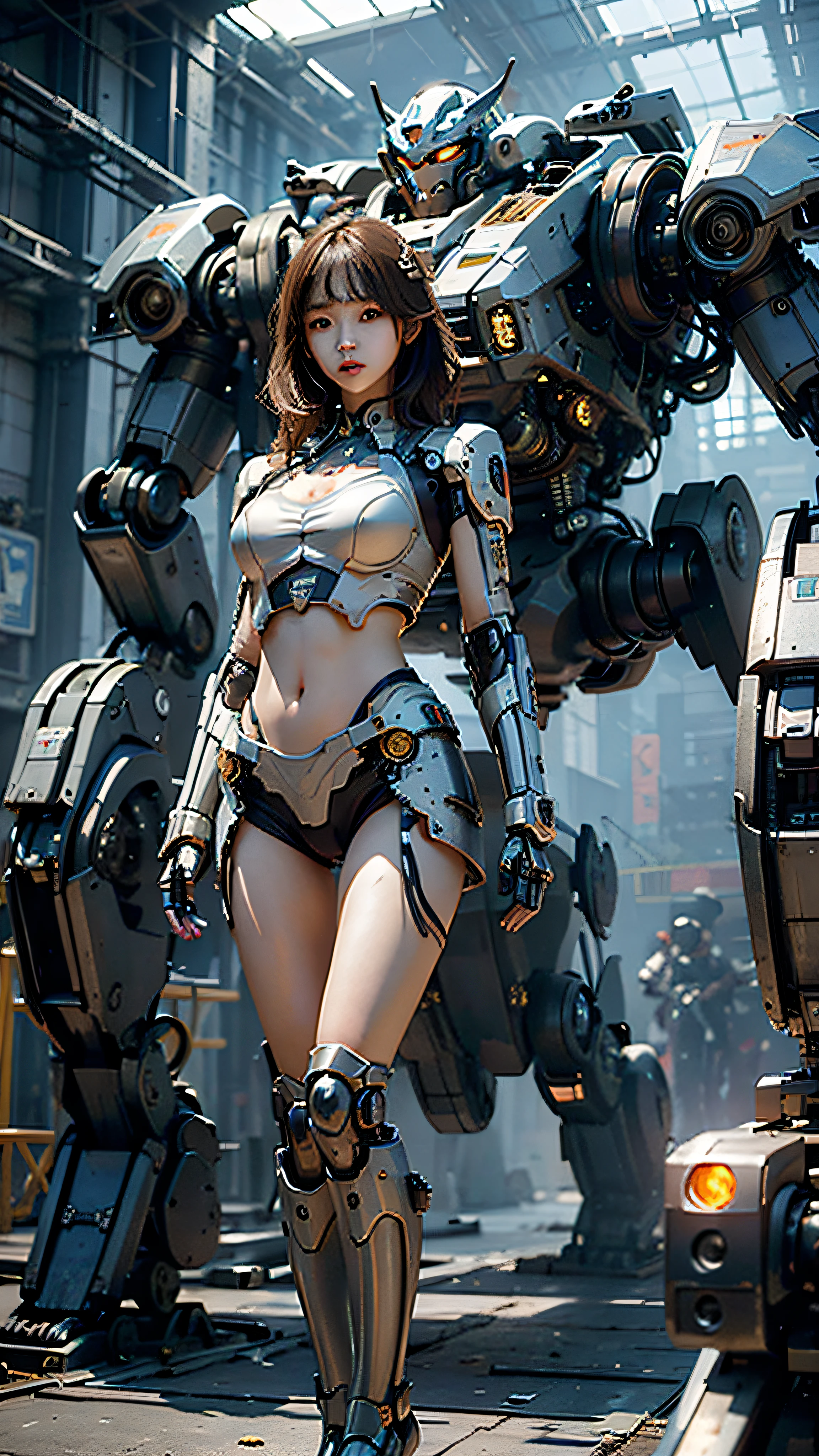 ((Masterpiece, Best Quality)), illustration, highly detailed 8K, realistic focus, professional lighting, intricate details, large mechanical robot structure, microchip, computer, luminous effect, shitu-mecha, 1girl standing in front of the viewer, navel.