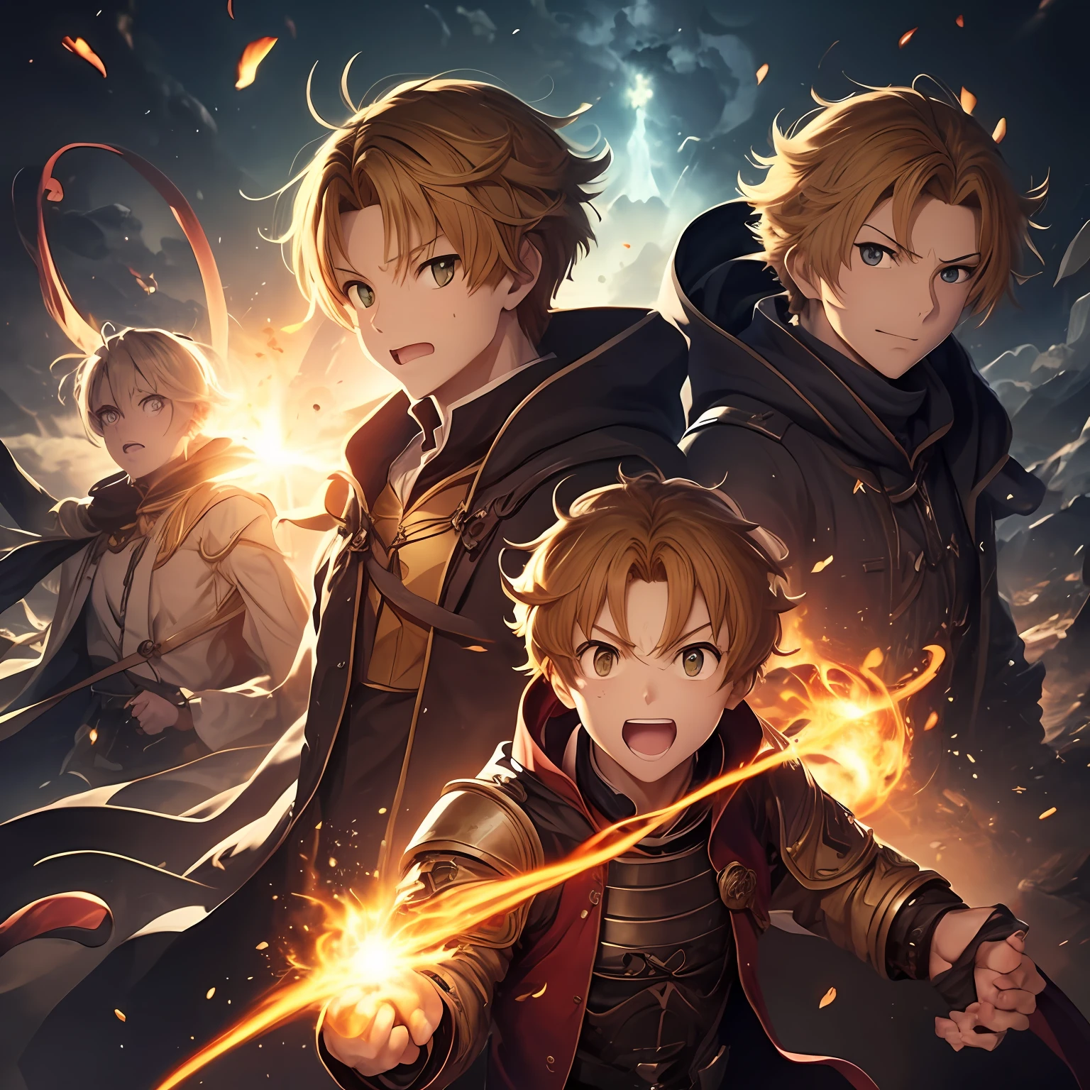 Dugeons e Dragon , ficha de personagem com foto do personagens e detalhes intrinsecos ,(((Rudeus))),((Obra-prima do anime))), Concentrating multicolored fireball in the hands, vortex, particuls, (sentado), ambiente de fantasia, (((rindo))),
